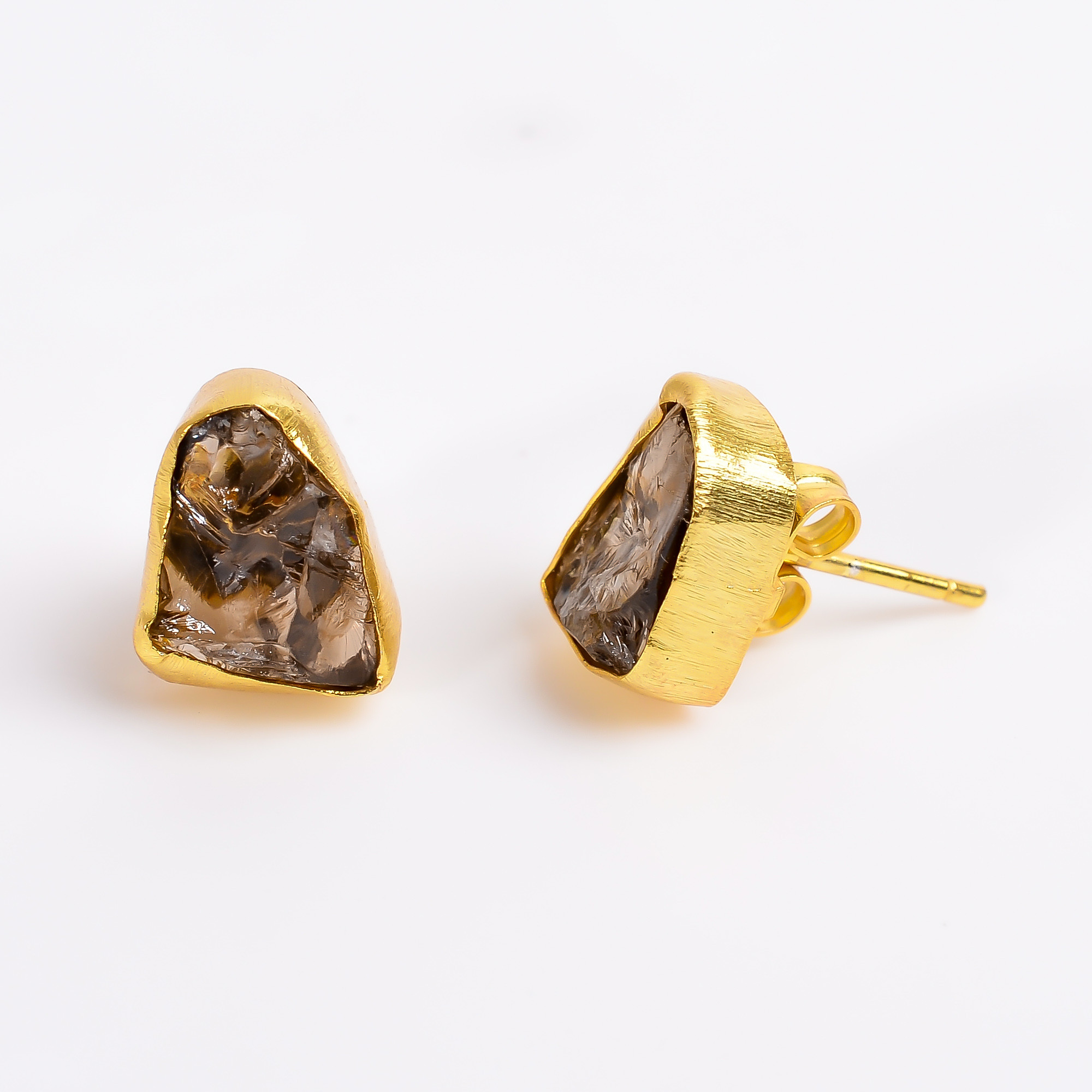 18K Gold Plated Earrings Natural Rough Smoky Gemstone Stud Earrings