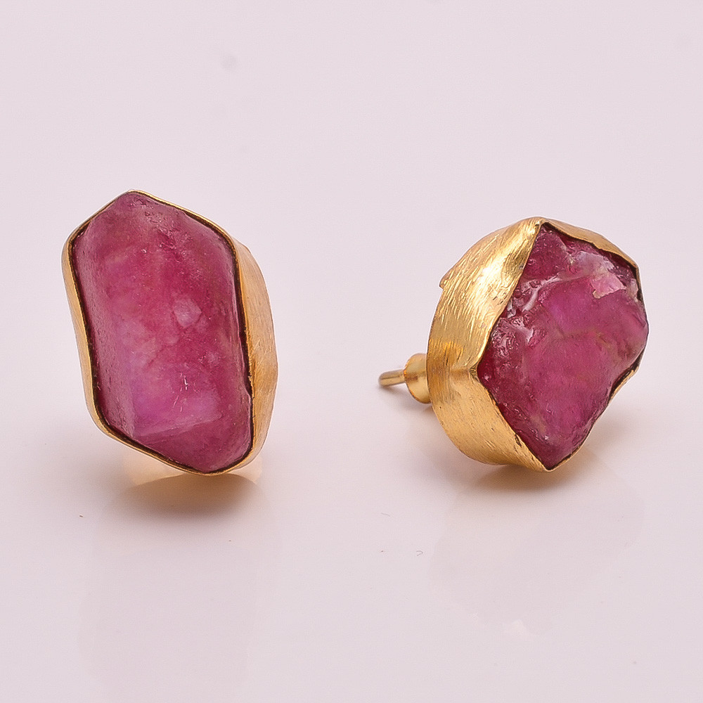 18K Gold Plated Earrings Natural Rough Ruby Gemstone Stud Earrings
