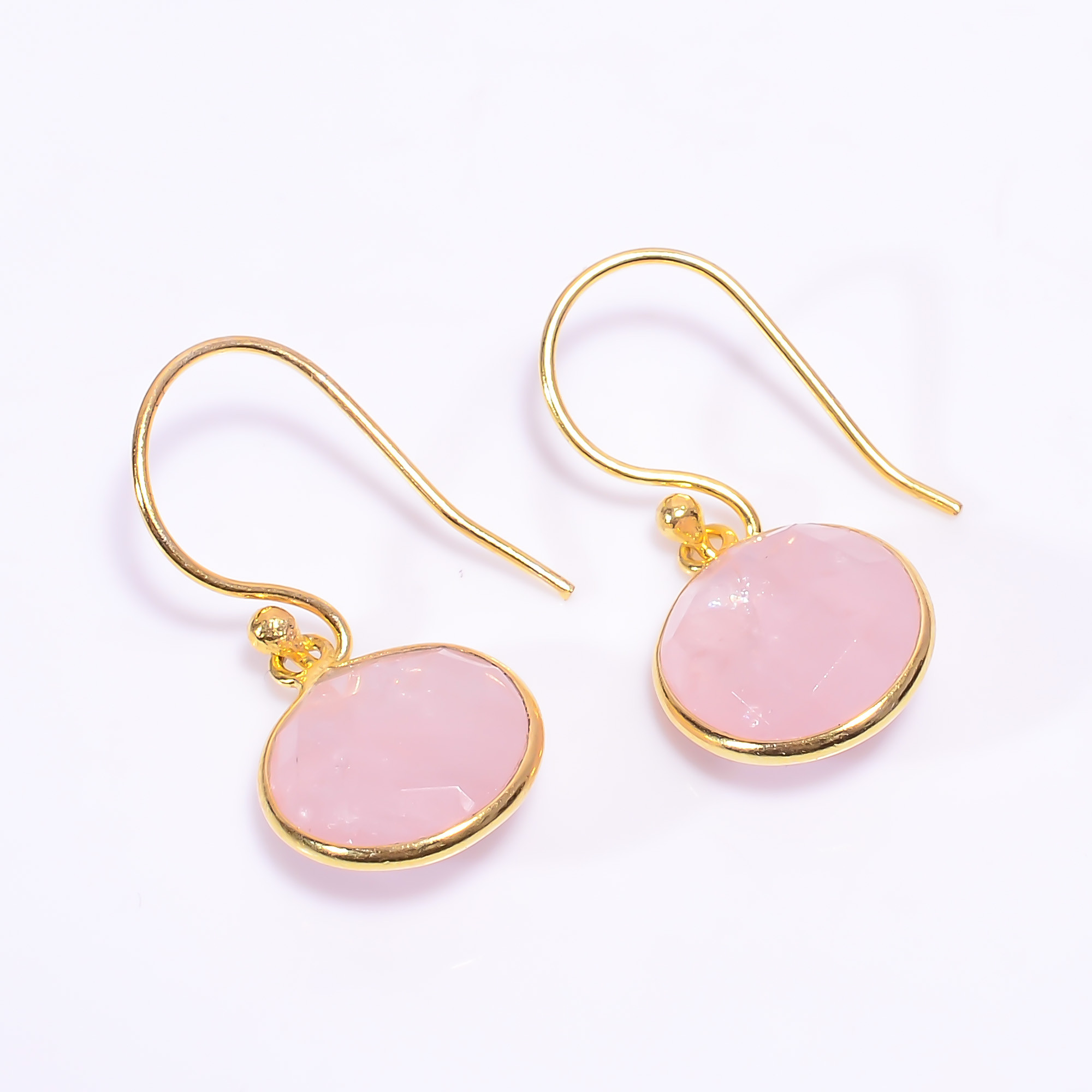 18K Gold Plated Drop Earrings Natural Rose Quartz Round Cut Gemstone