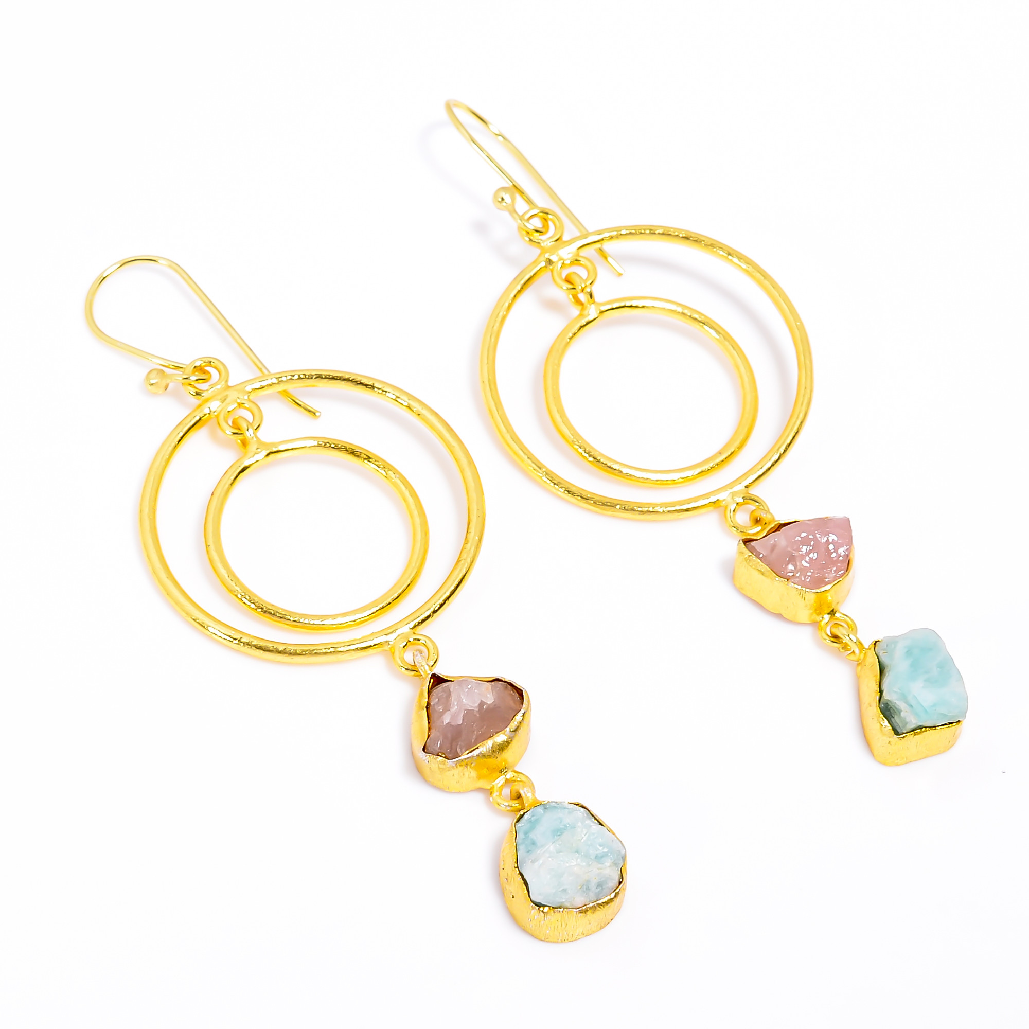 18K Gold Plated Earrings Natural Rose Quartz Amazonite Gemstone Dangle Earrings