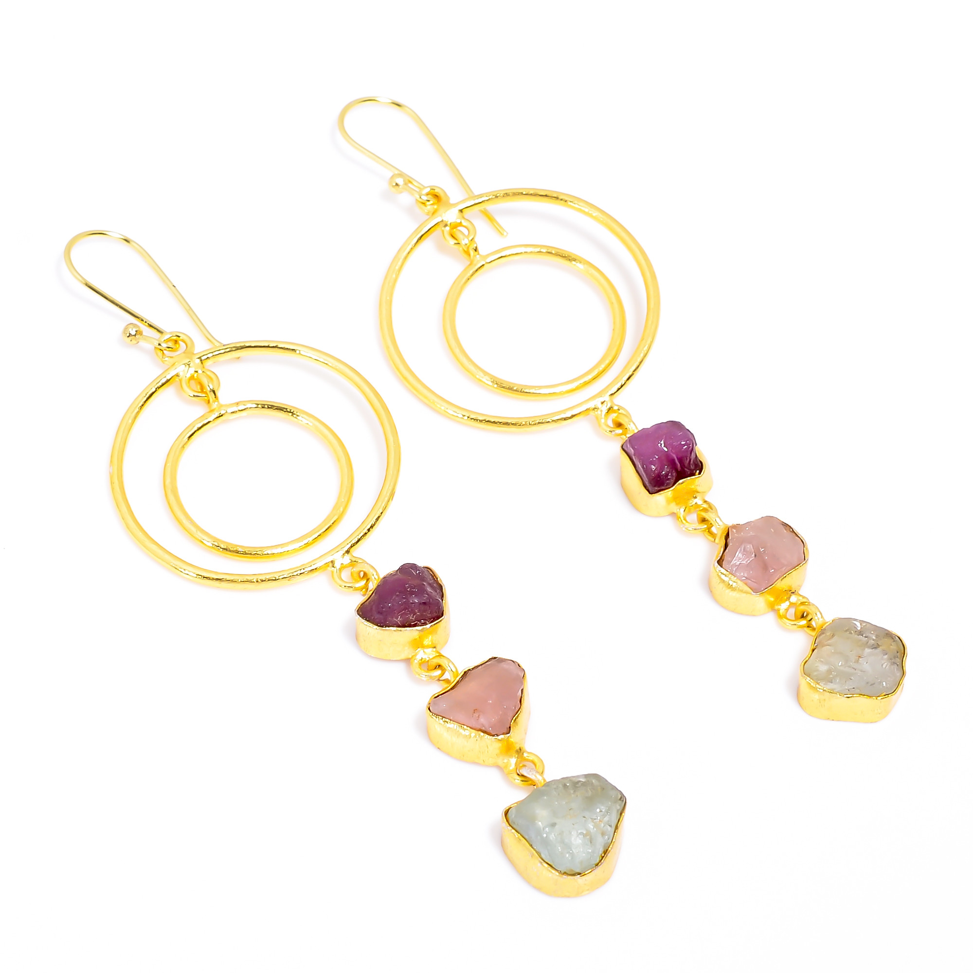 18K Gold Plated Earrings Ruby Rose Quartz Gemstone Dangle Earrings