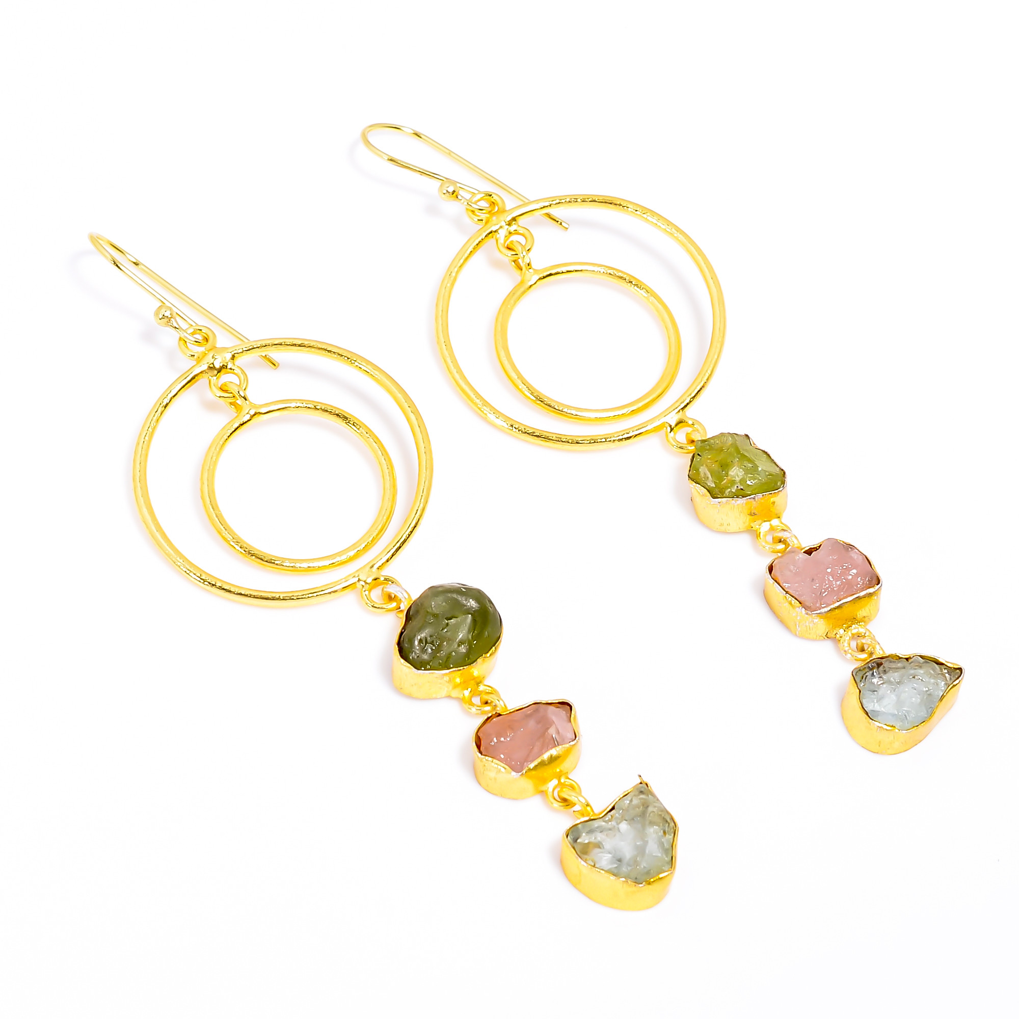 18K Gold Plated Earrings Peridot Rose Quartz Gemstone Dangle Earrings