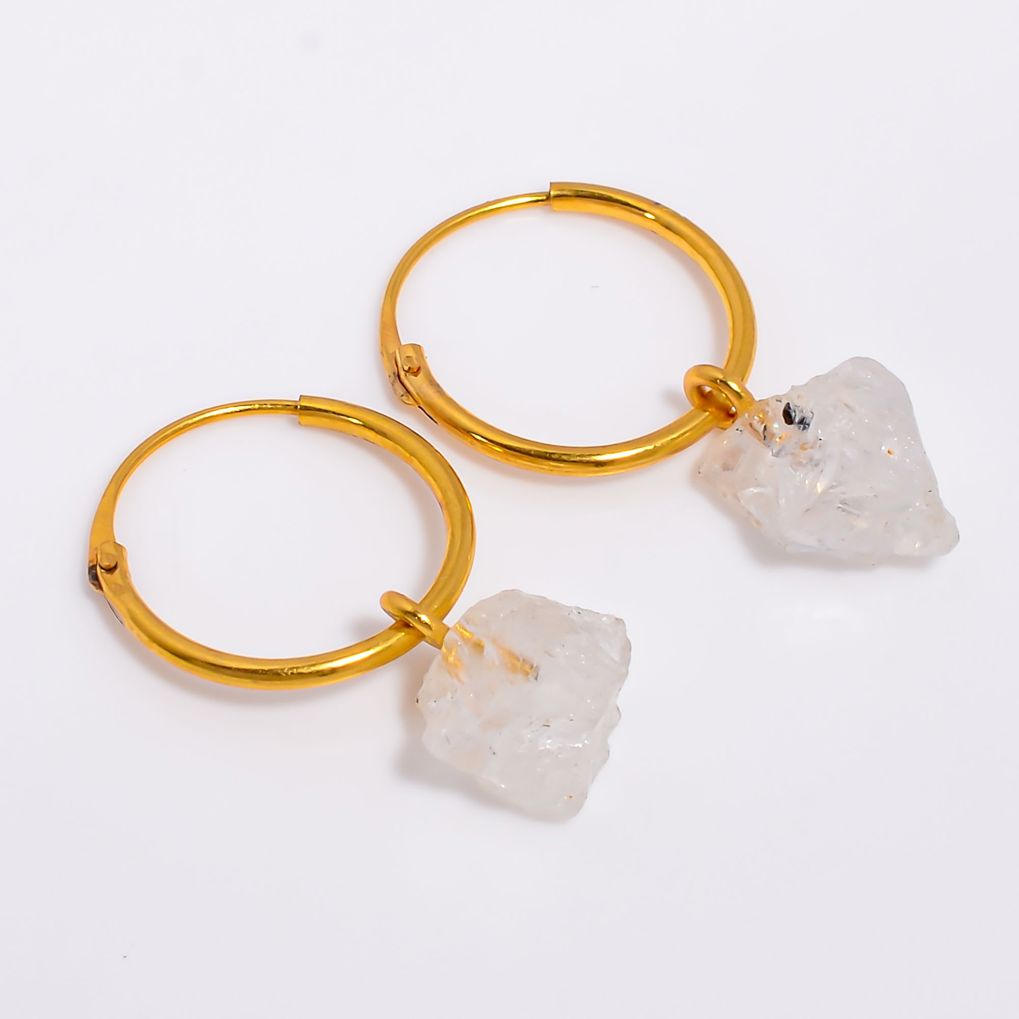 18K Gold Plated Hoop Earrings Natural Raw Rainbow Moonstone