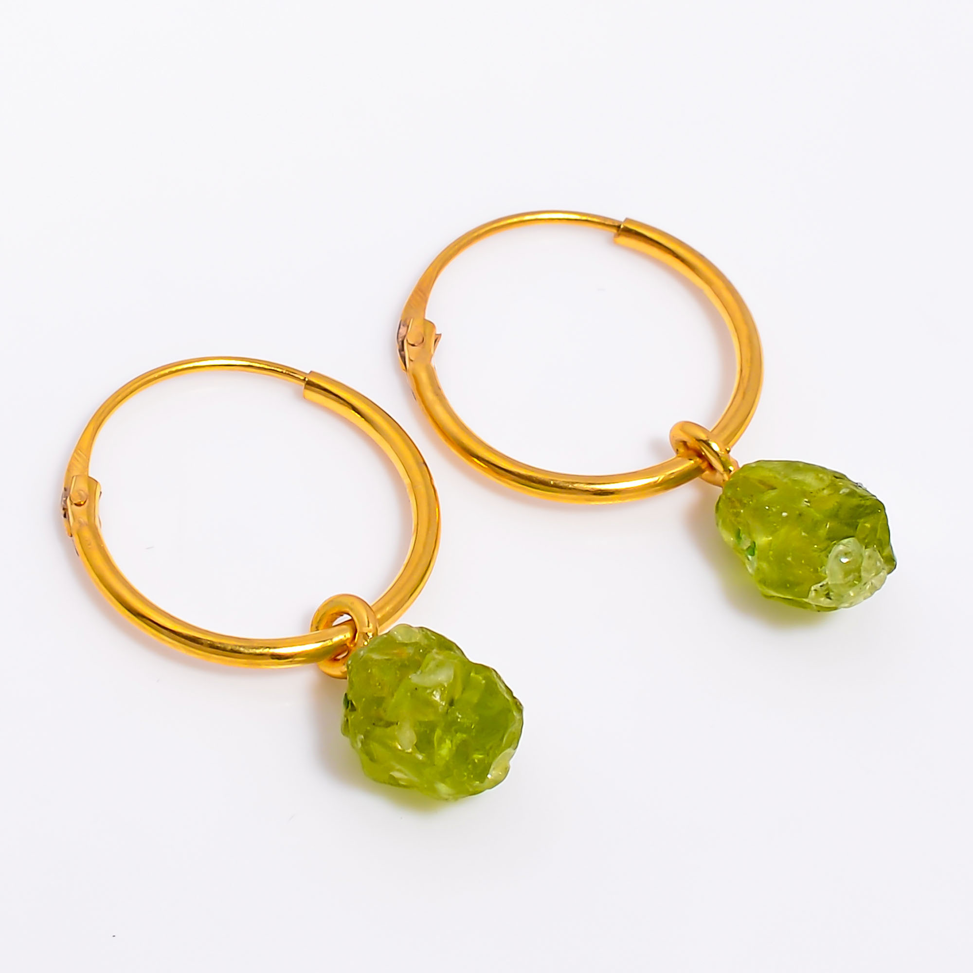 18K Gold Plated Hoop Earrings Natural Raw Peridot