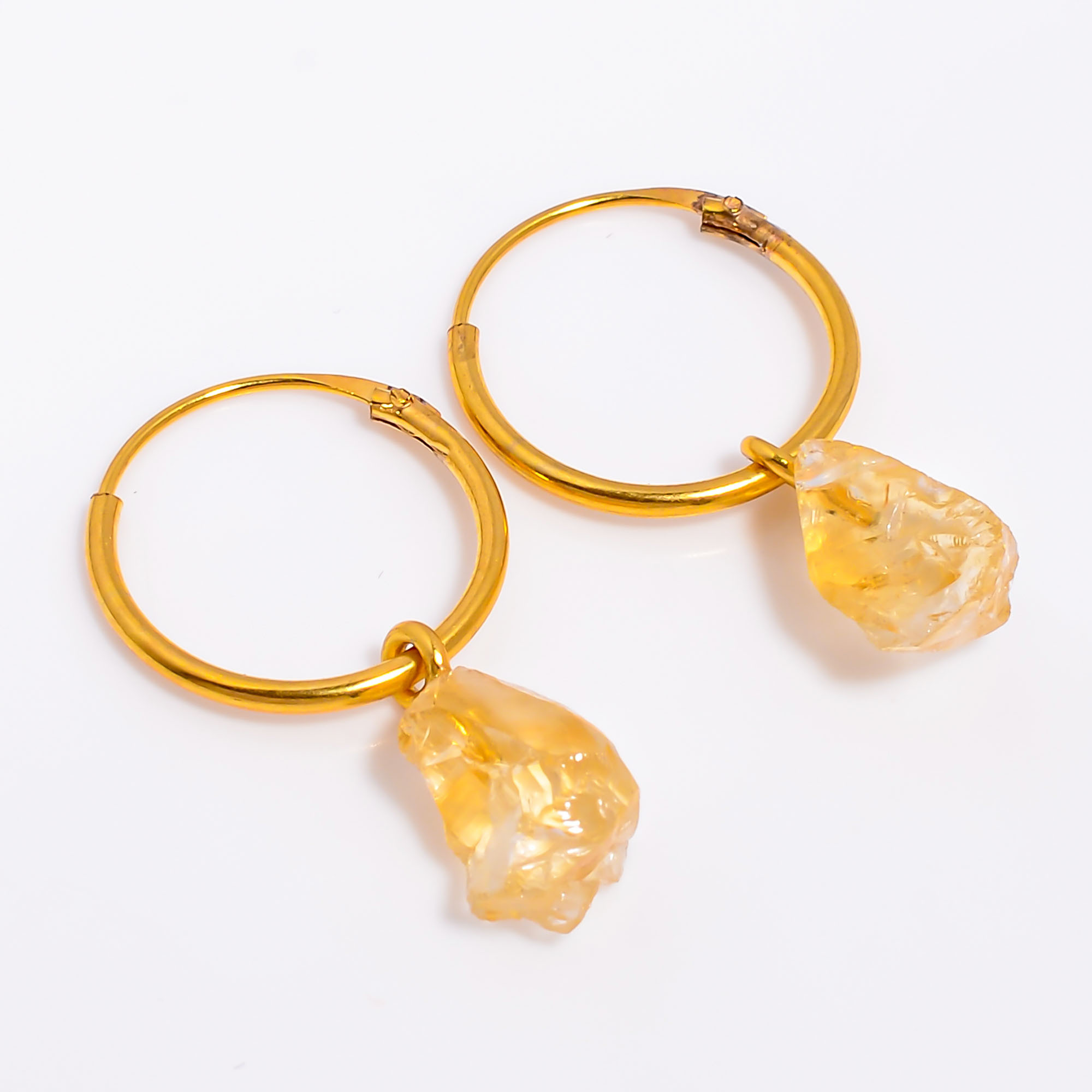 18K Gold Plated Hoop Earrings Natural Raw Citrine