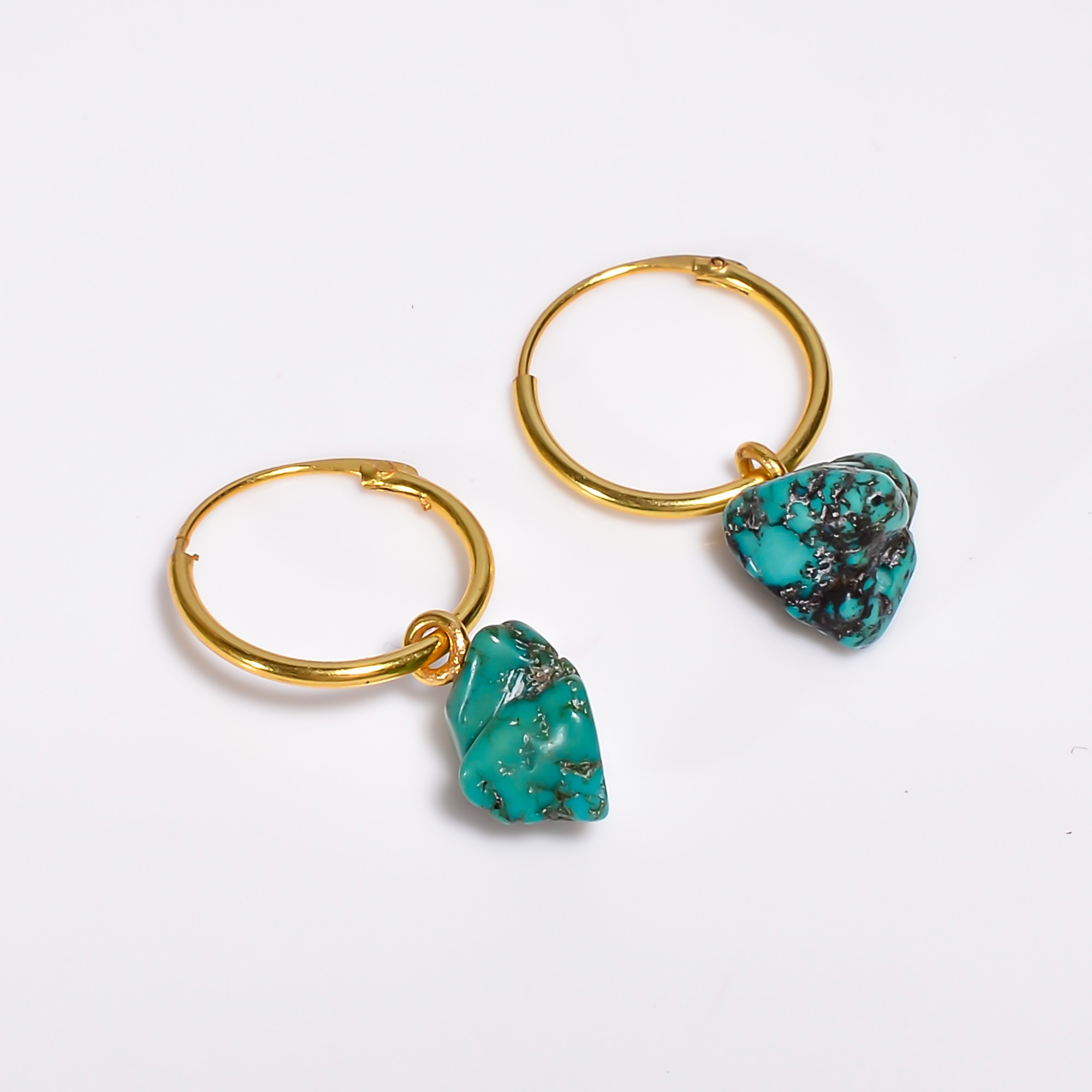 18K Gold Plated Hoop Earrings Raw Turquoise Gemstone