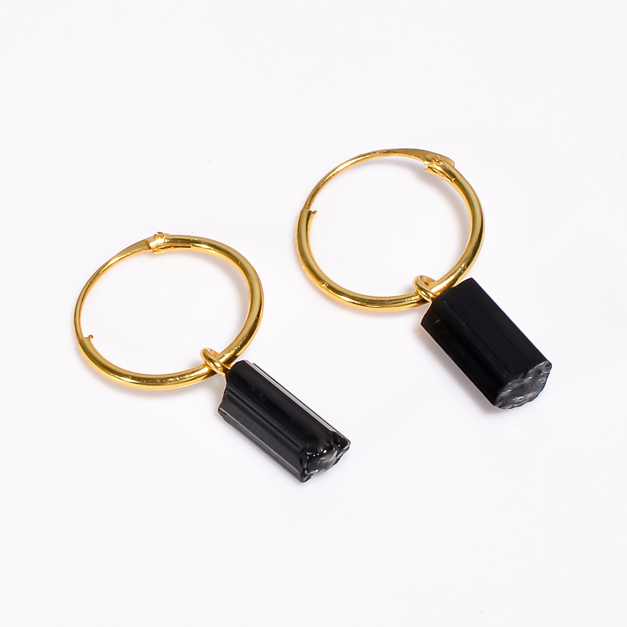 18K Gold Plated Hoop Earrings Raw Black Tourmaline Gemstone