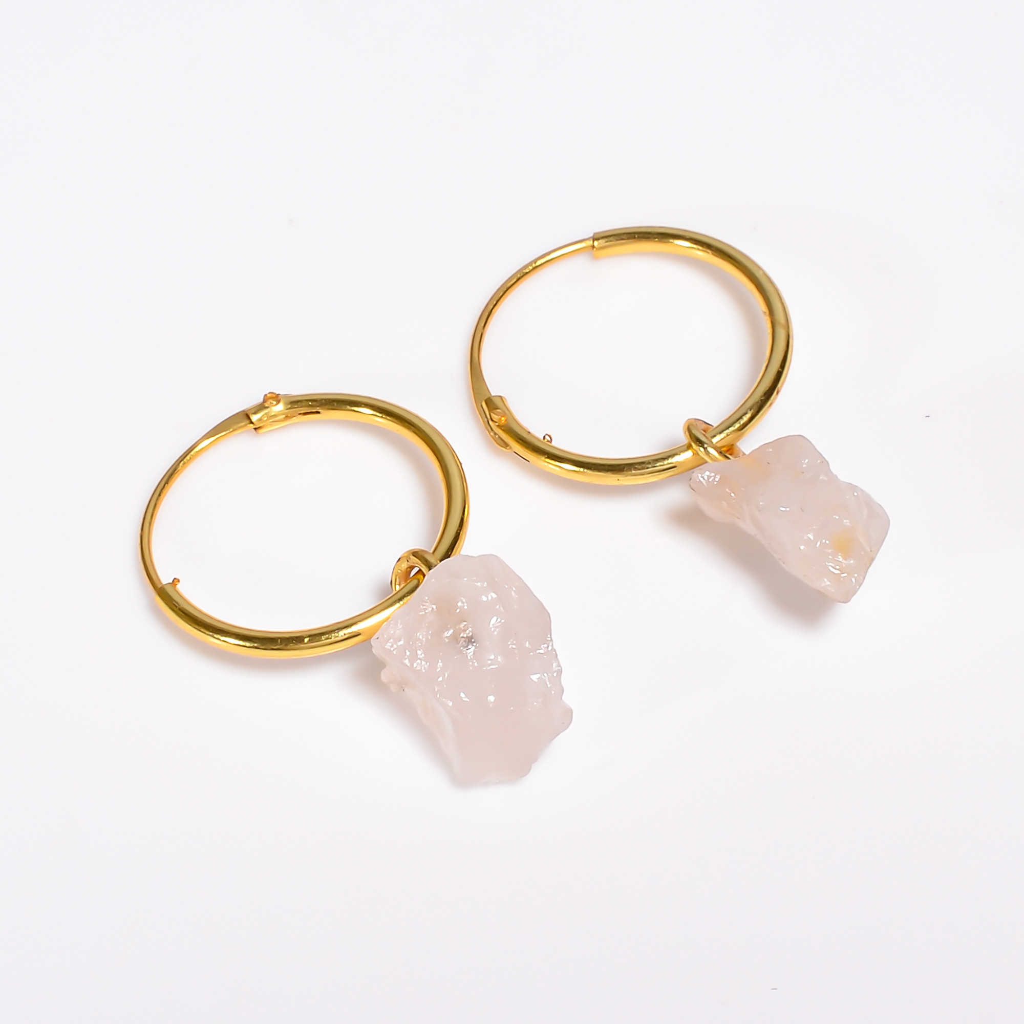 18K Gold Plated Hoop Earrings Raw Rose Quartz Gemstone