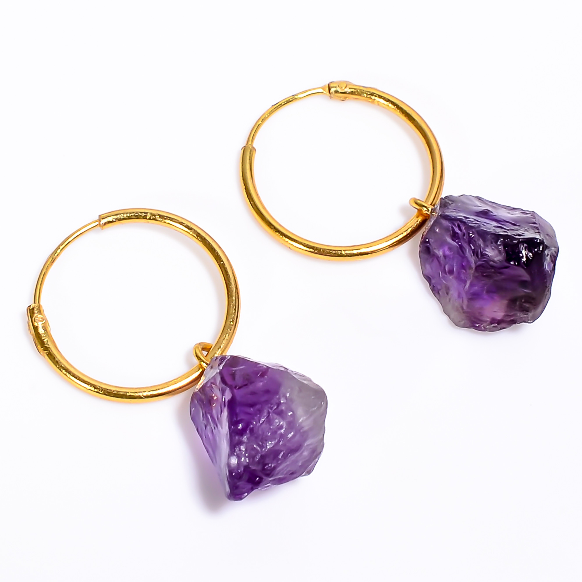 18K Gold Plated Hoop Earrings Raw Amethyst Gemstone