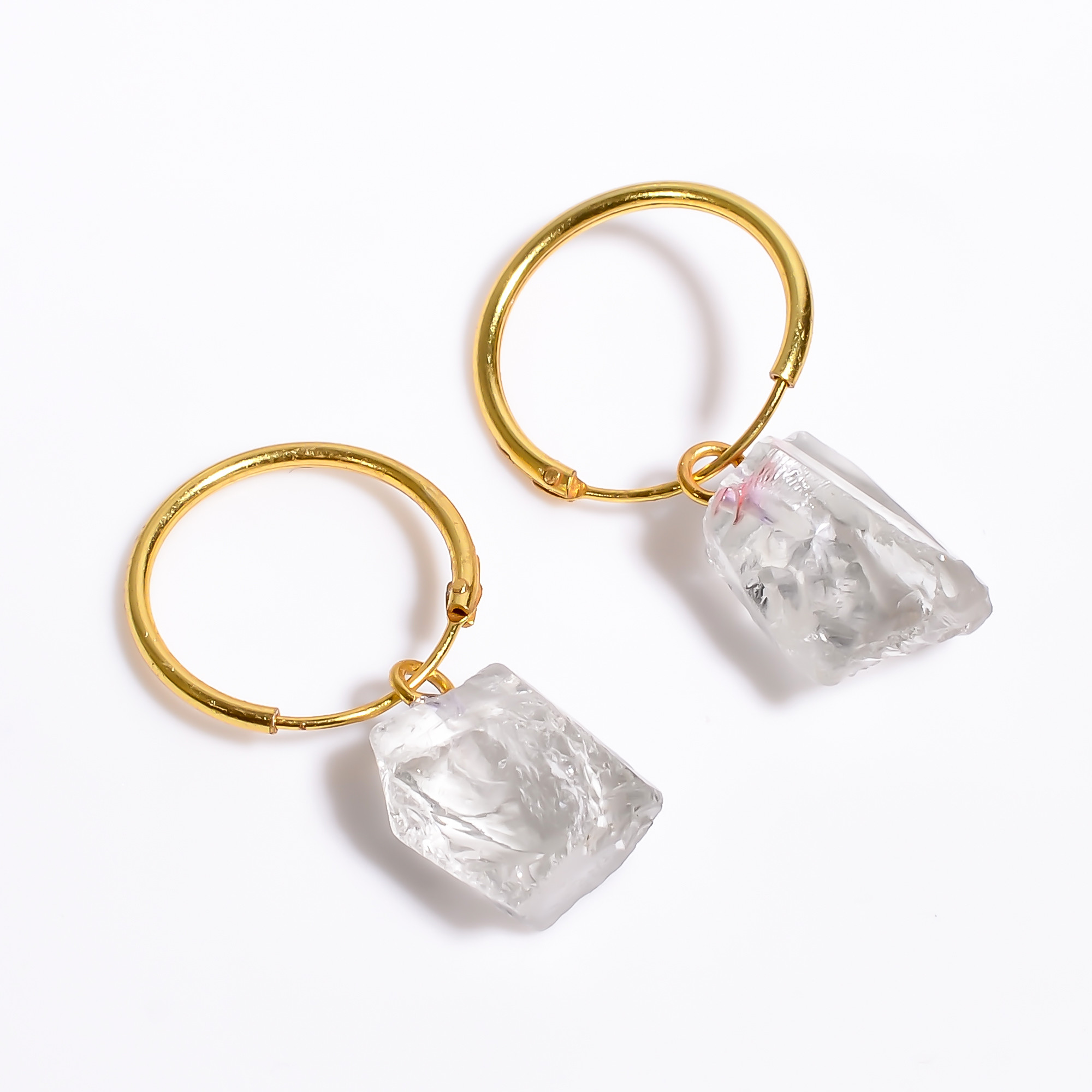 18K Gold Plated Hoop Earrings Raw Crystal Gemstone