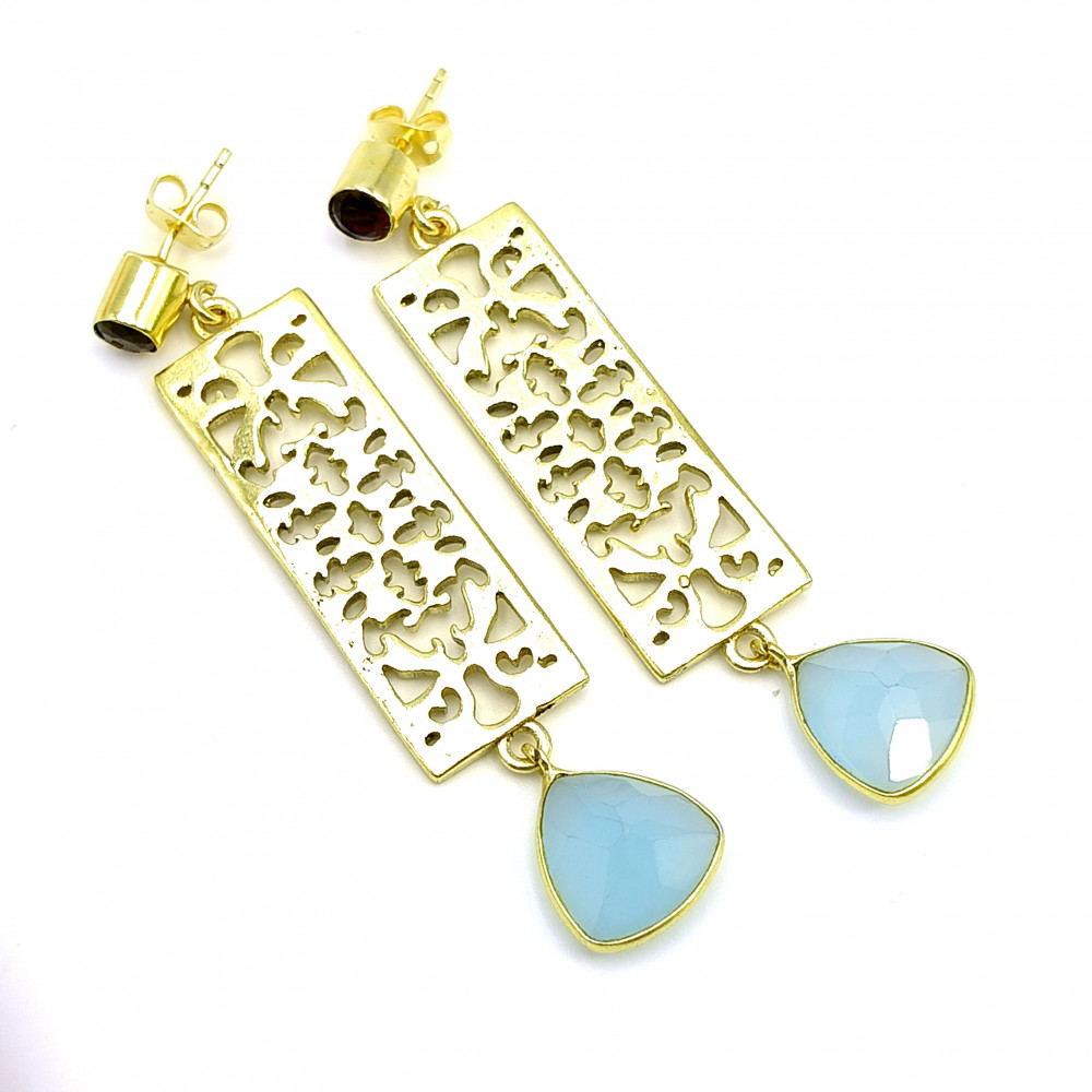 Image of Garnet Chalcedony Gemstone 18K Gold Plated Earrings