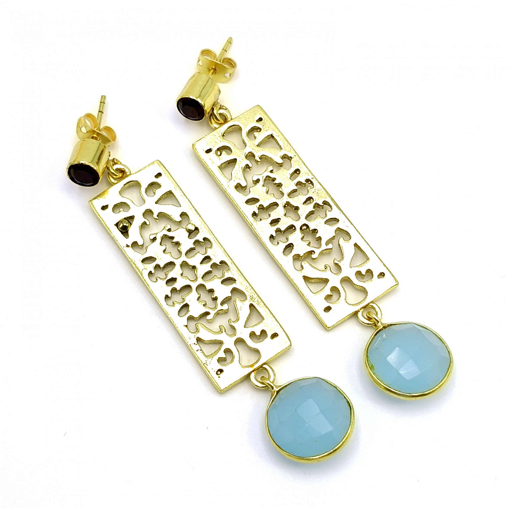 Garnet Chalcedony Gemstone 18K Gold Plated Earrings
