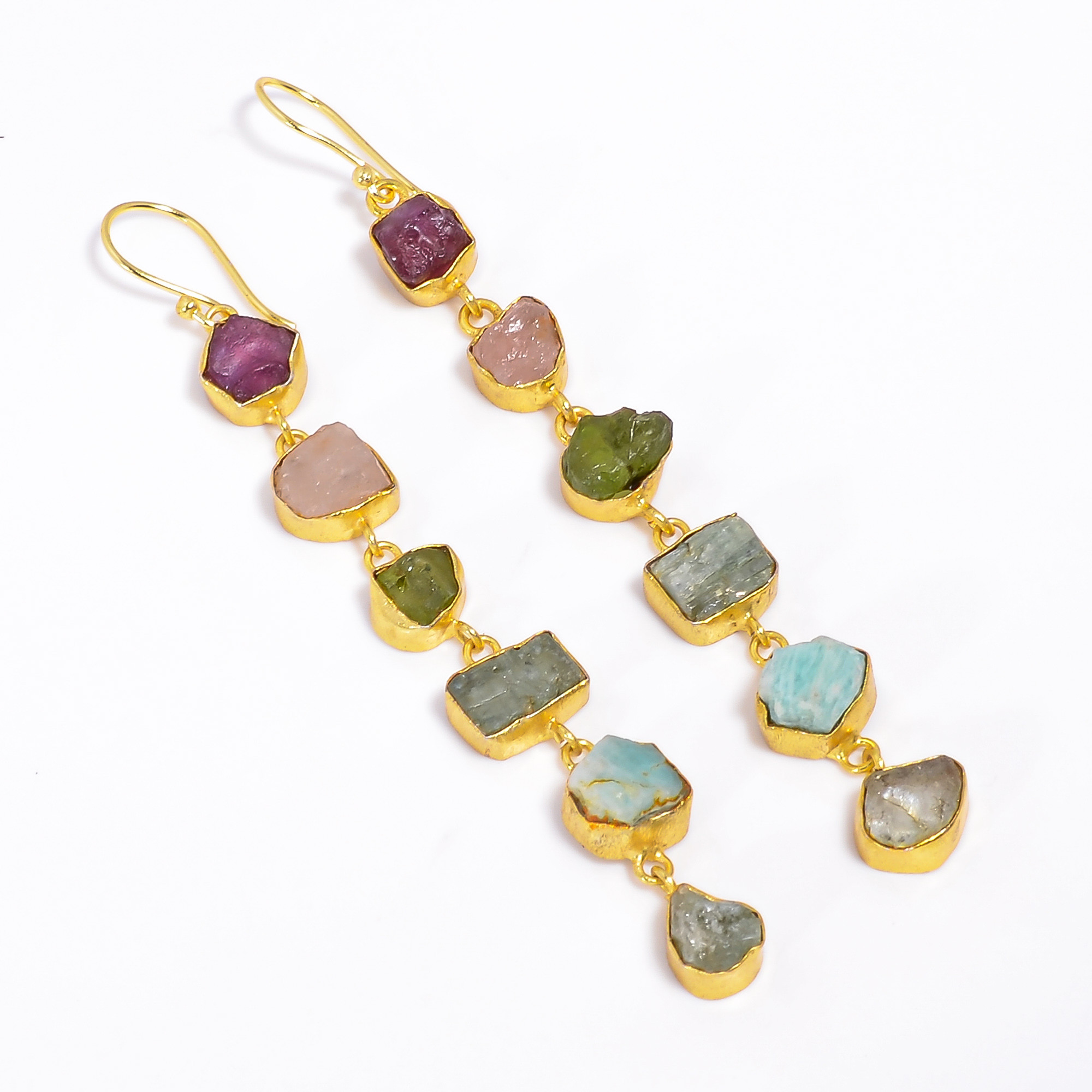 18K Gold Plated Dangle Earrings Natural Raw Multi Gemstone Earrings