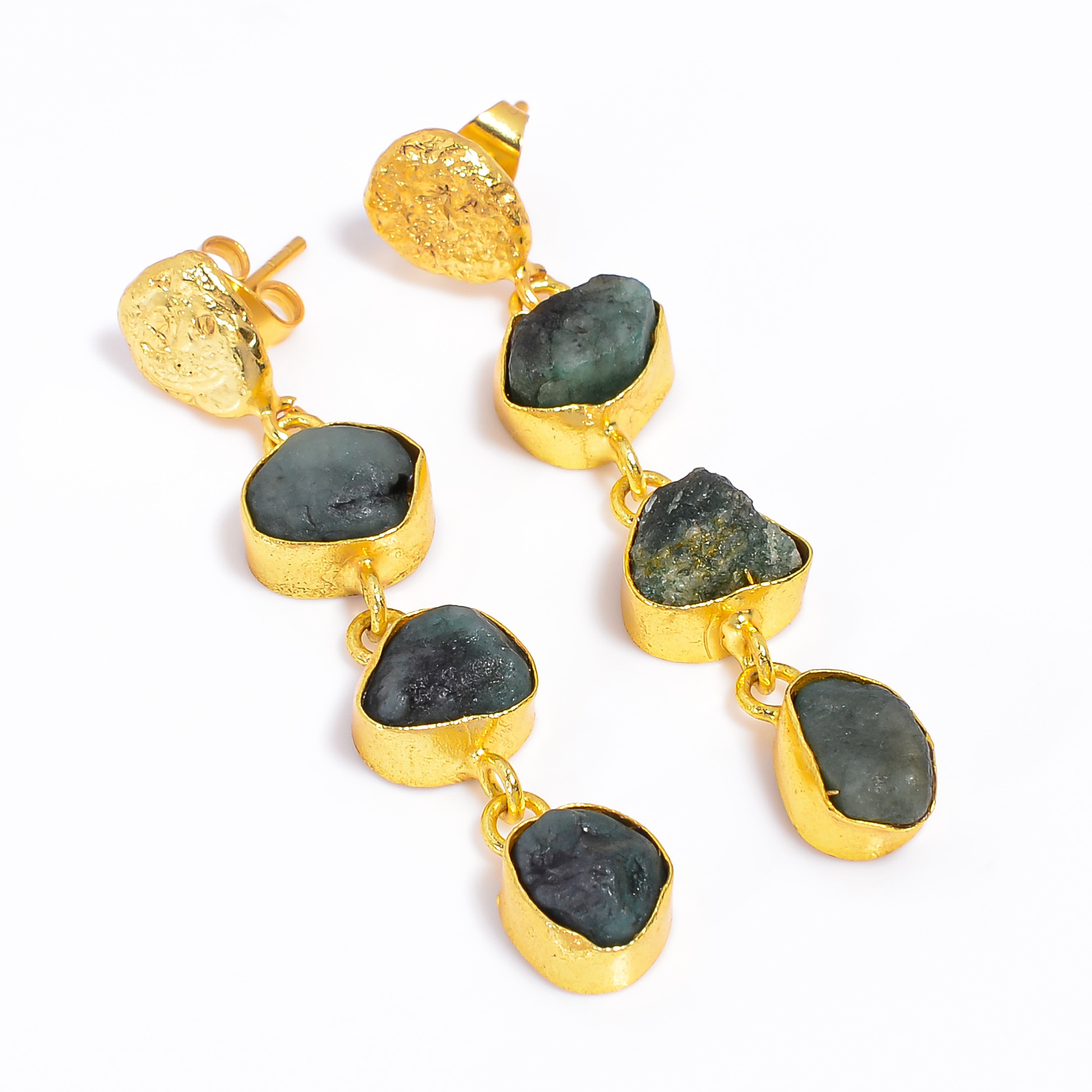 18K Gold Plated Dangle Earrings Natural Raw Emerald Gemstone Earrings
