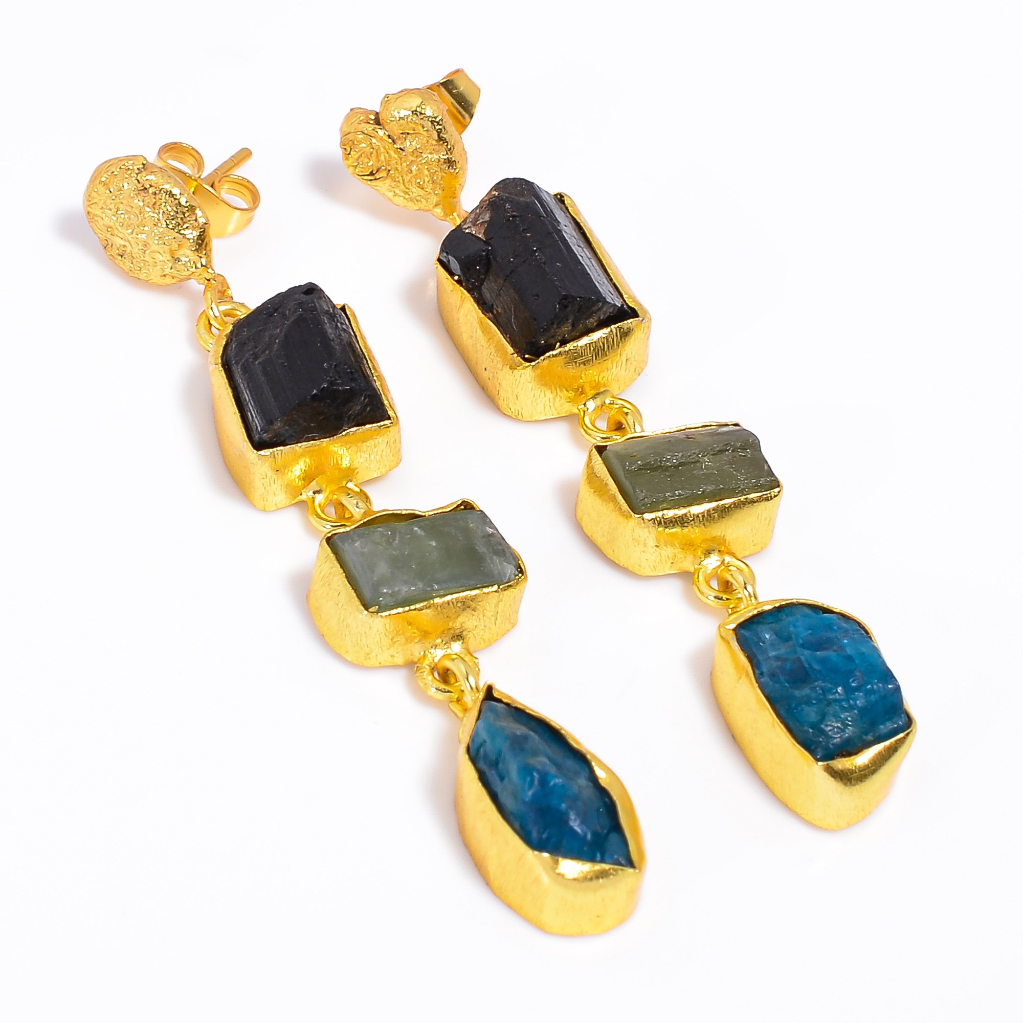18K Gold Plated Dangle Earrings Natural Raw Multi Gemstone Earrings