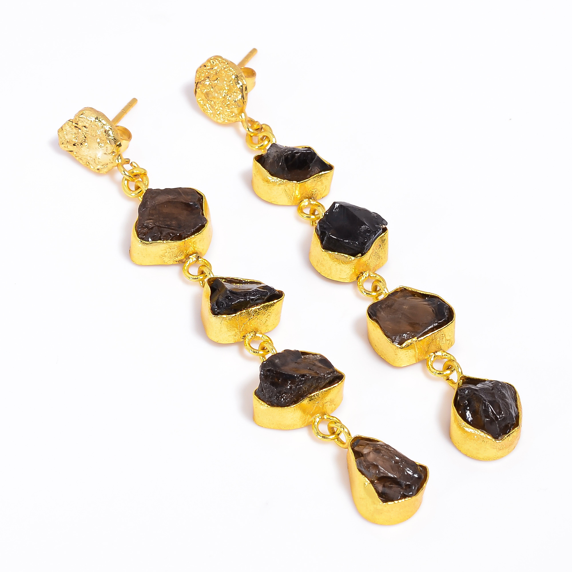 18K Gold Plated Dangle Earrings Natural Raw Smoky Gemstone Earrings