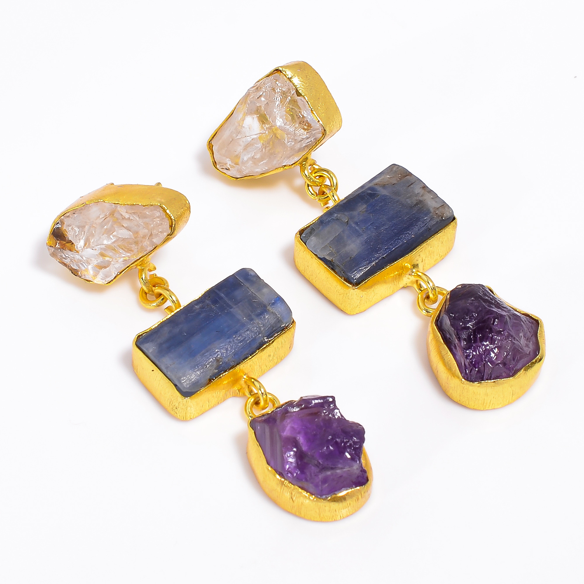 18K Gold Plated Dangle Earrings Natural Raw Multi Gemstone Earrings