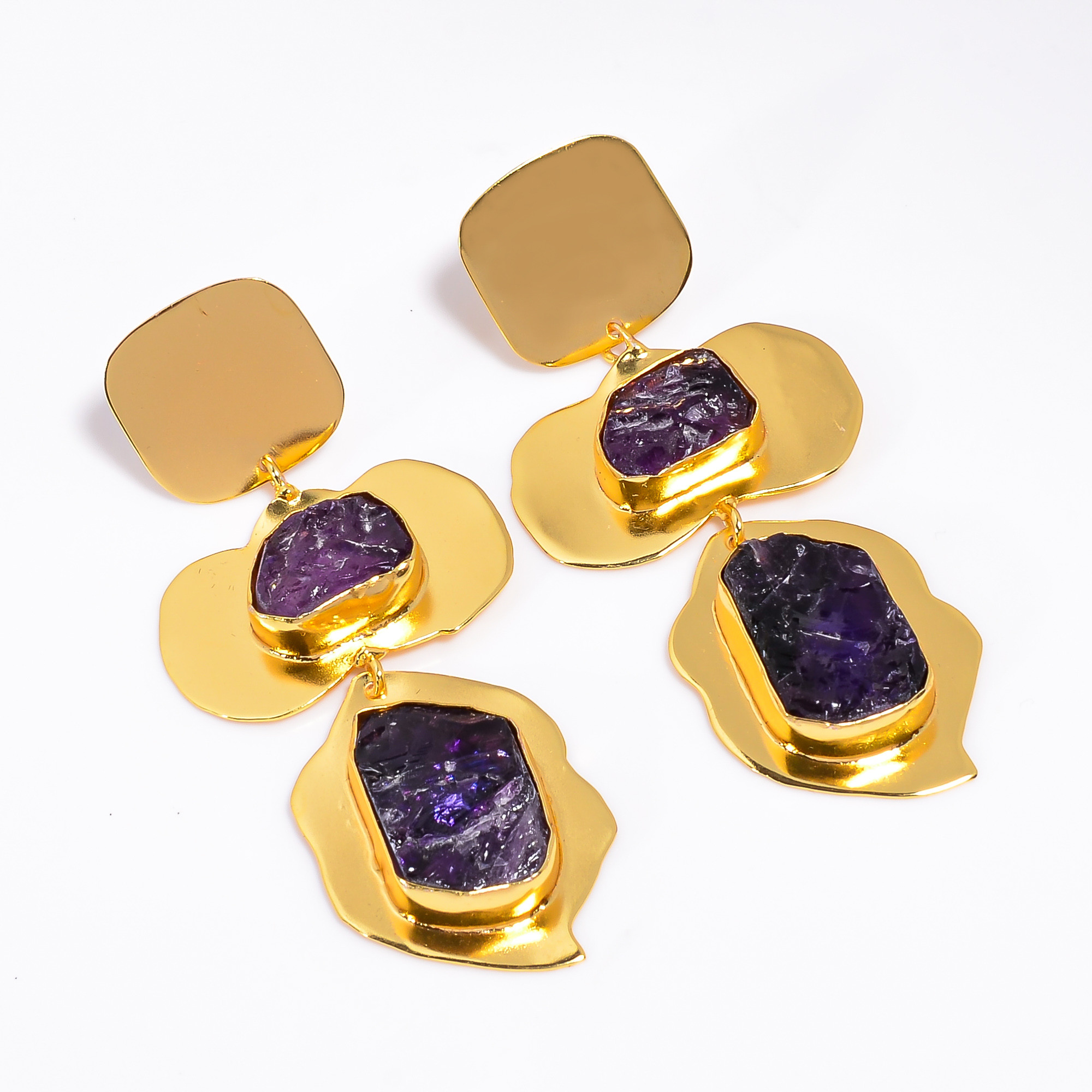 18K Gold Plated Earrings Amethyst Raw Gemstone Earrings