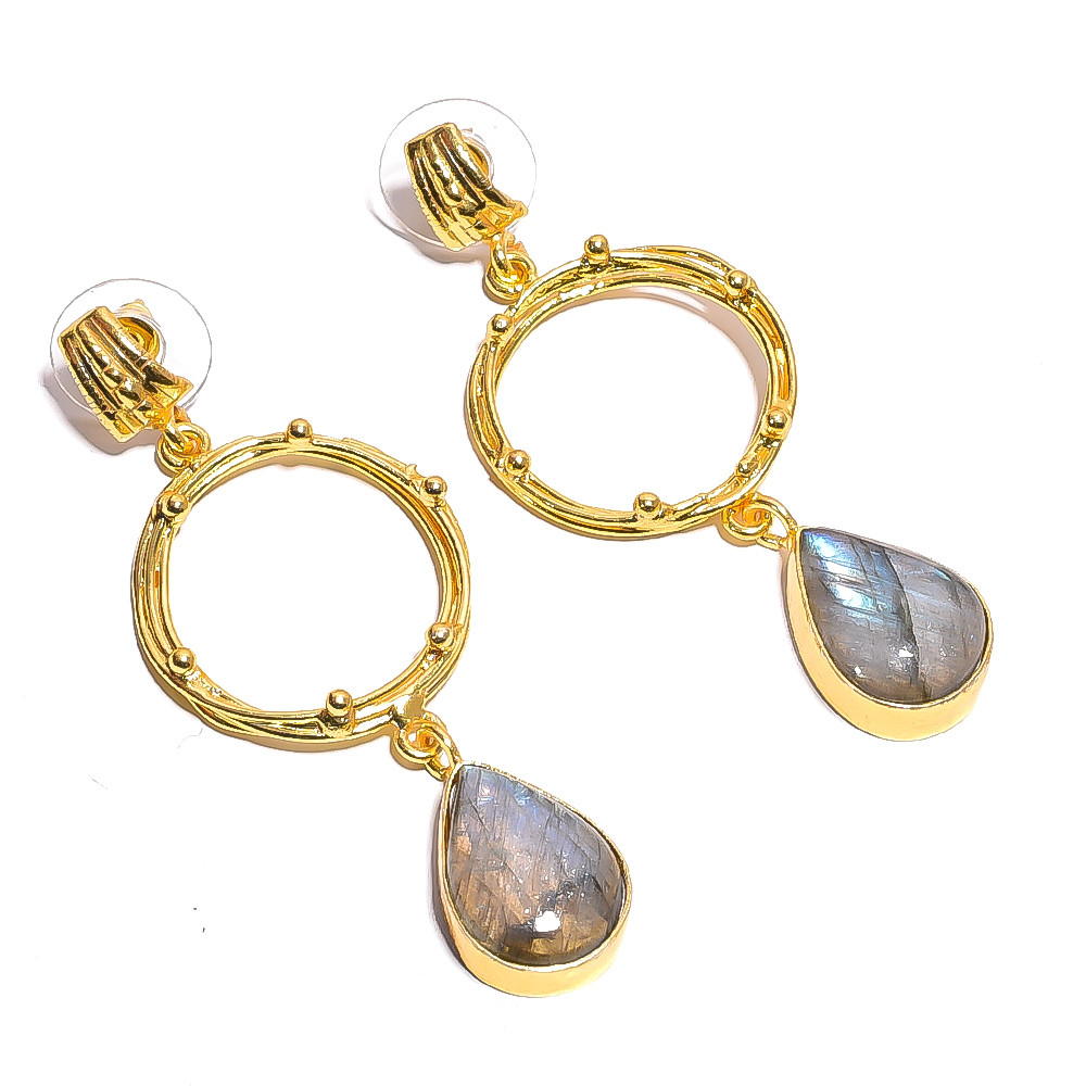 18K Gold Plated Brass Earrings Natural Labradorite Gemstone Earrings