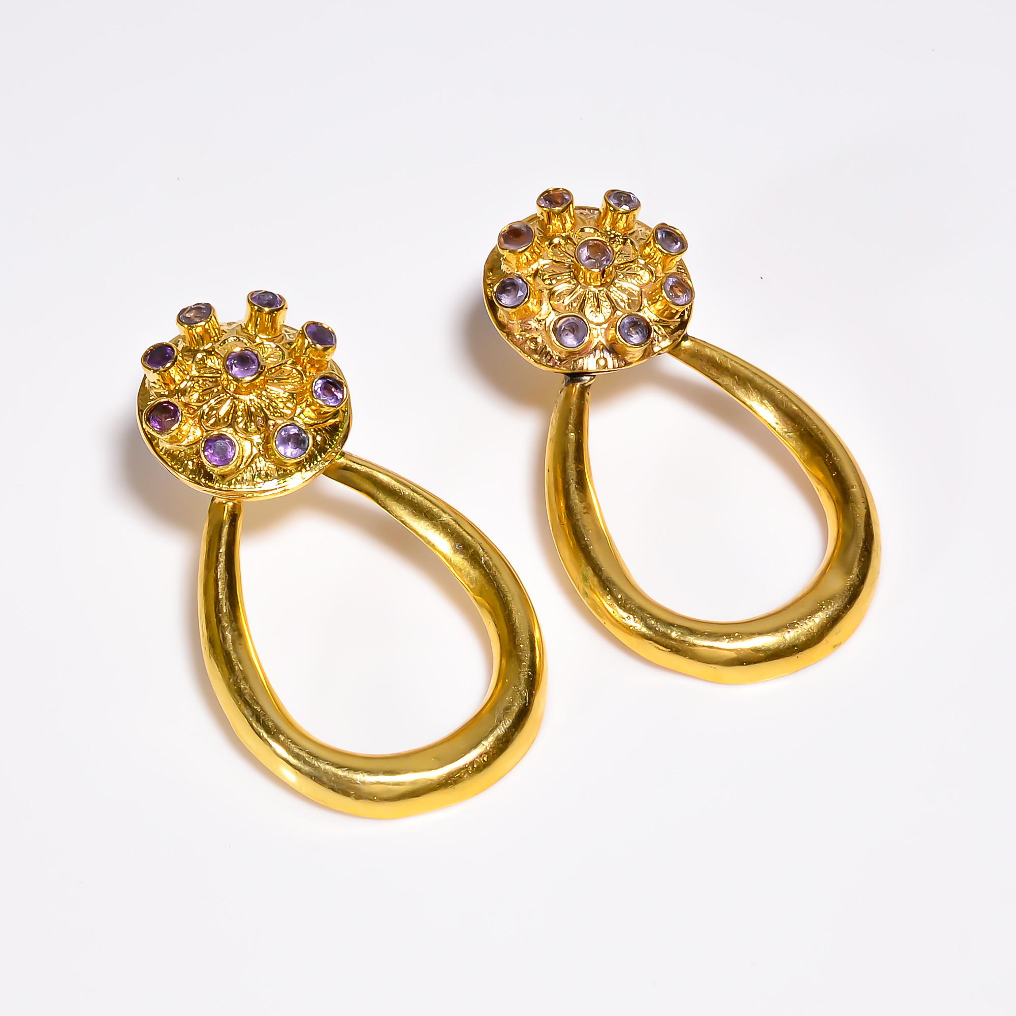 Amethyst Round Cut Gemstone 18k Gold Plated Earrings