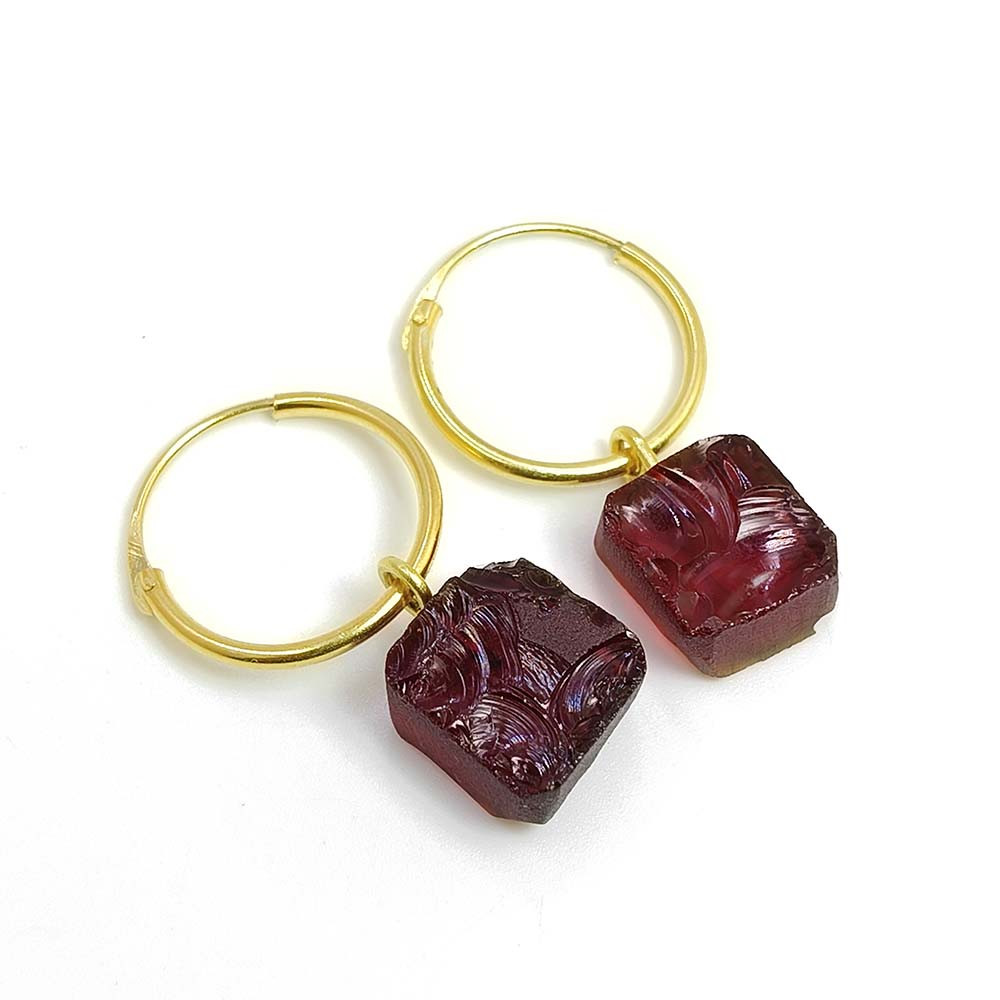 18K Gold Plated Hoop Earrings Raw Garnet Gemstone