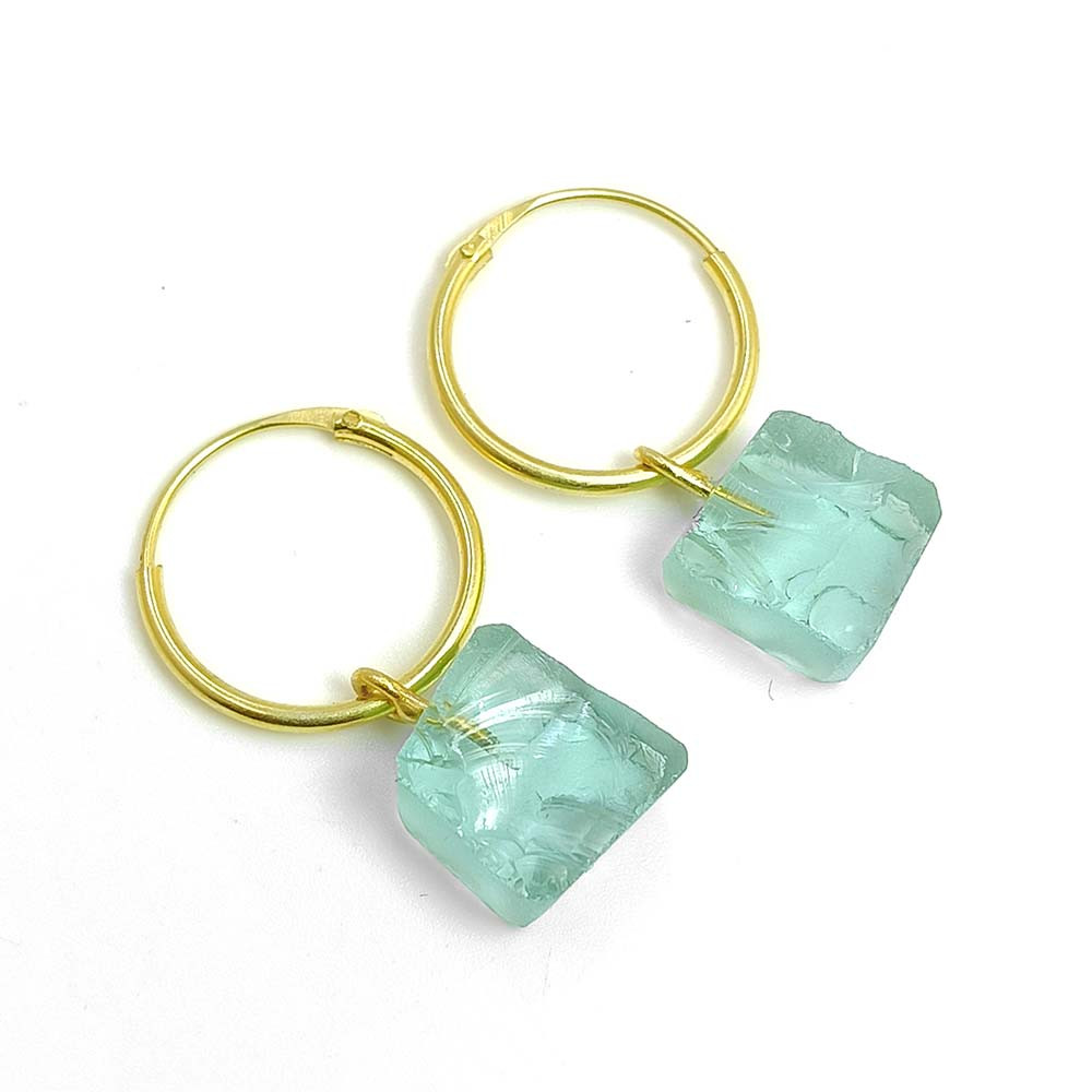 18K Gold Plated Hoop Earrings Raw Aquamarine Gemstone
