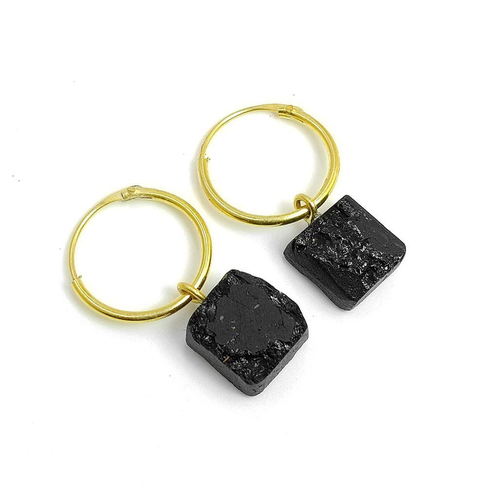 Black Tourmaline Raw Gemstone 18K Gold Plated Hoop Earrings
