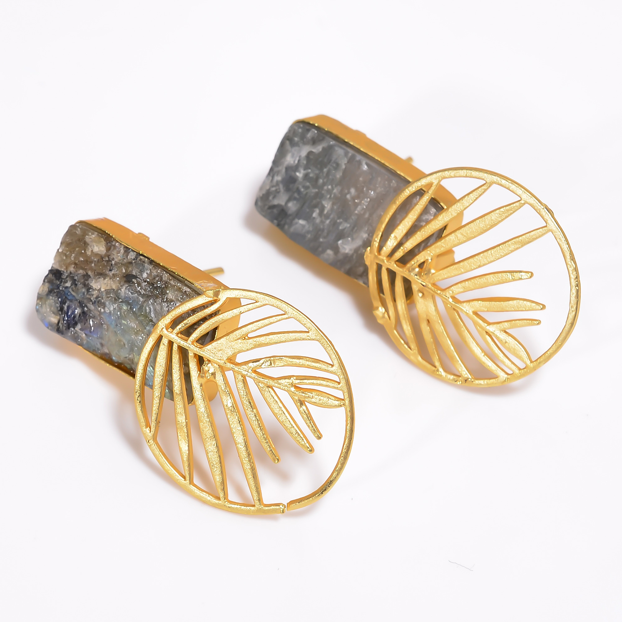 Natural Labradortie Gemstone 18K Gold Plated Designer Fashion Brass Earrings Handmade Jewelry