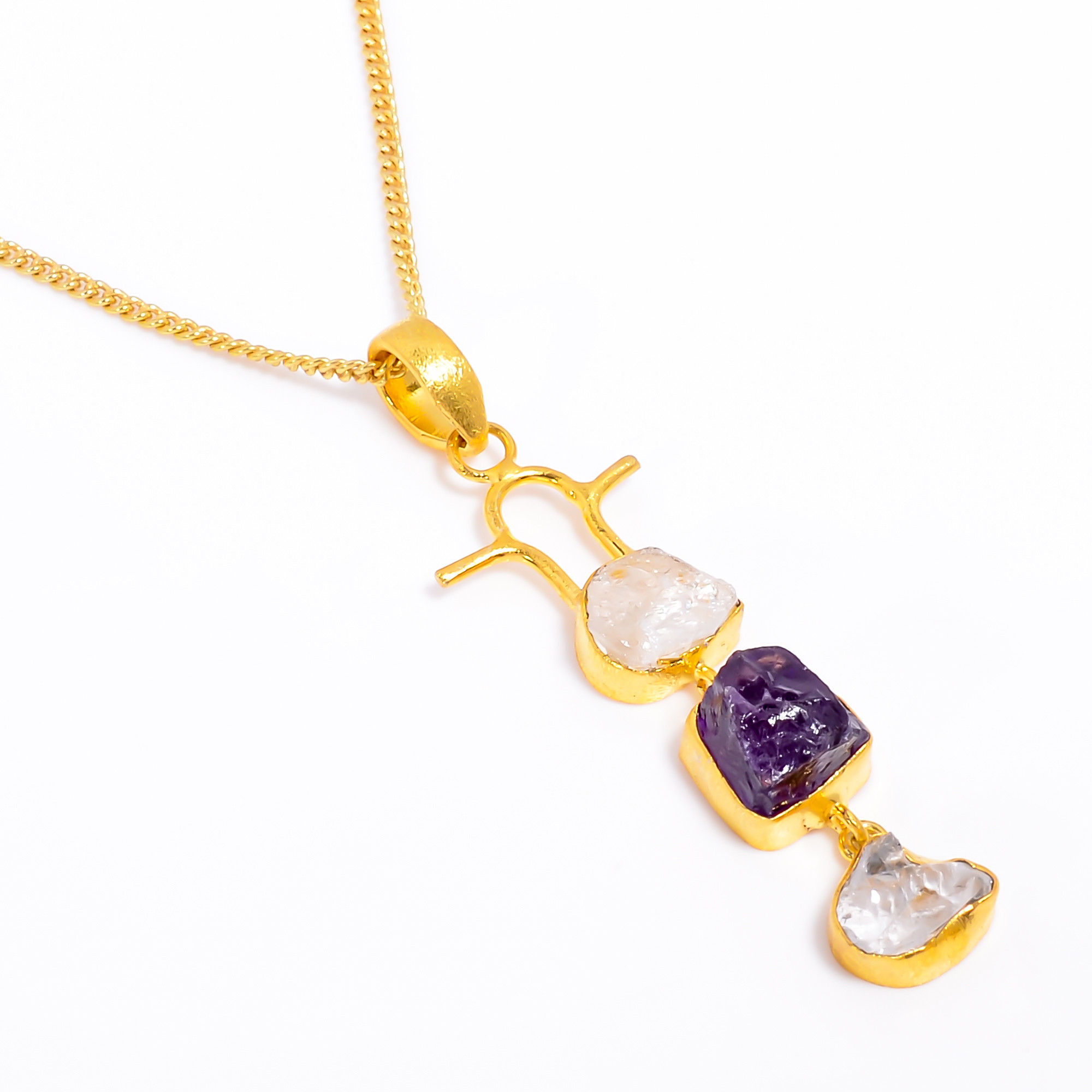 18K Gold Plated Brass Necklace Natural Raw Crystal Amethyst Gemstone Necklace