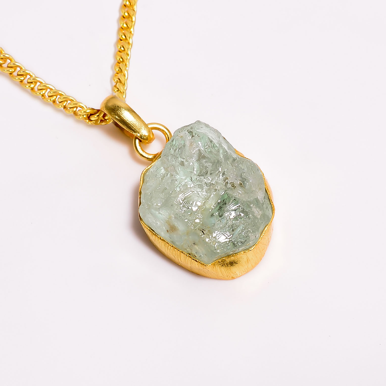 Aquamarine Natural Raw Gemstone 18K Gold Plated Necklace