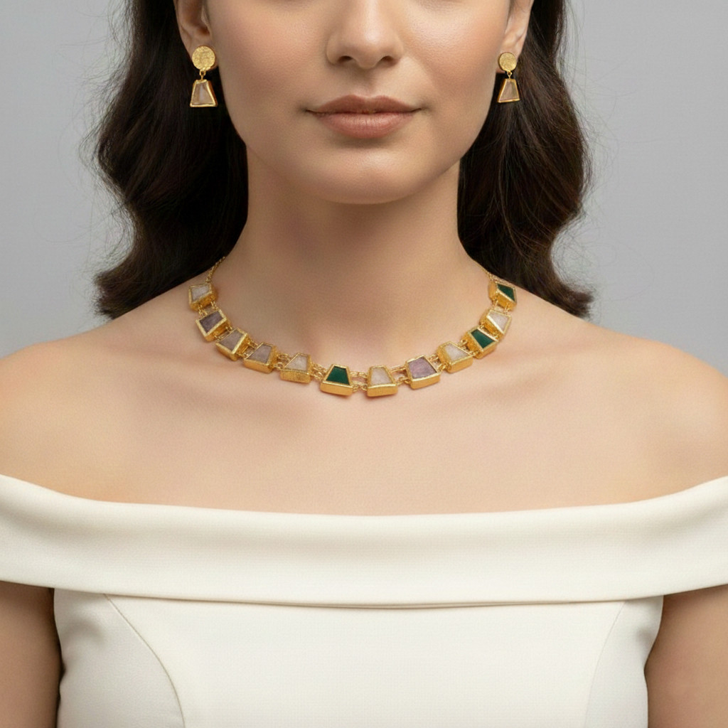 Natural Multi Raw Gemstone 18k Gold Plated Choker Necklace Set