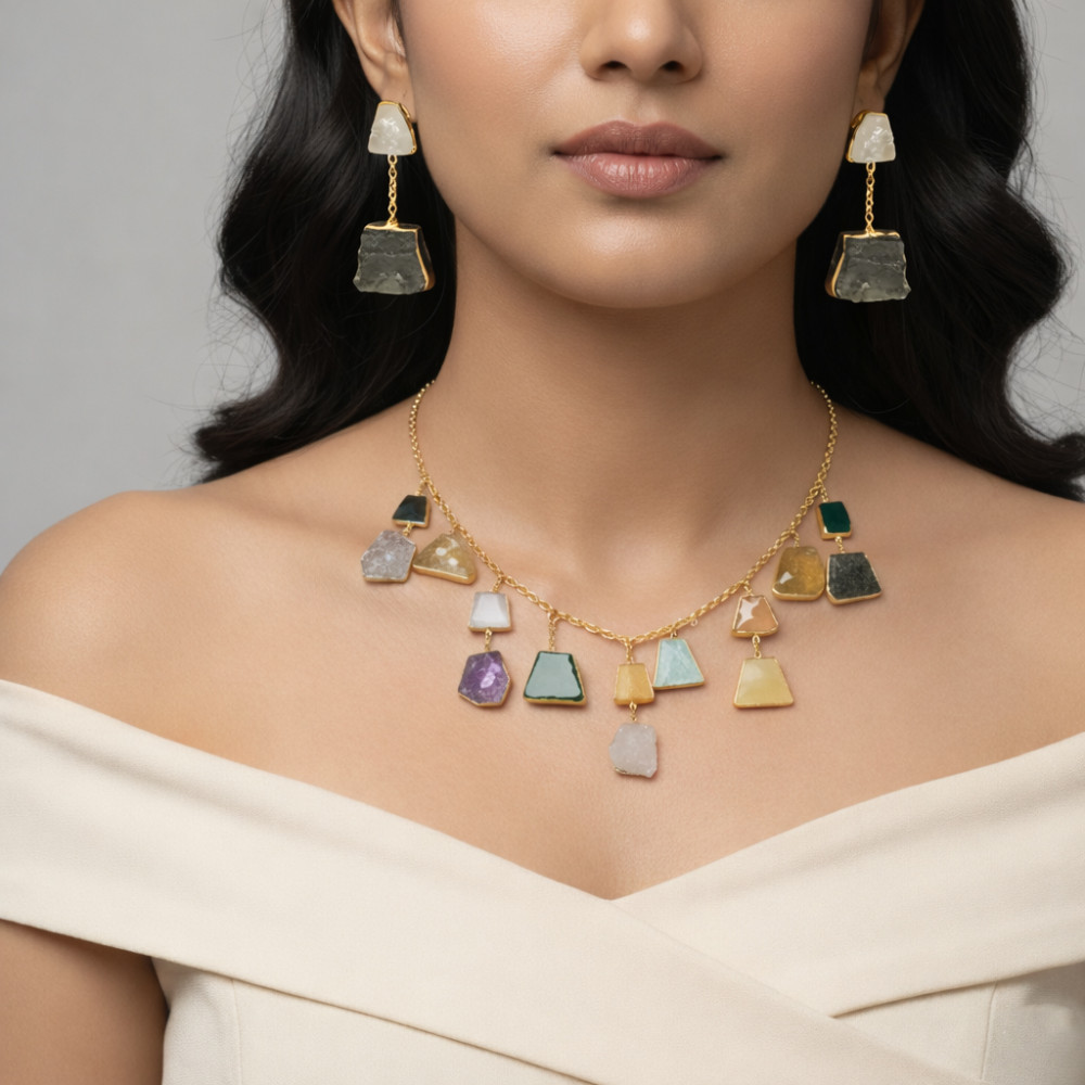 Image of Natural Multi Raw Gemstone 18k Gold Plated Necklace Set