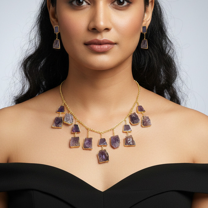 Natural Amethyst Raw Gemstone 18k Gold Plated Necklace Set
