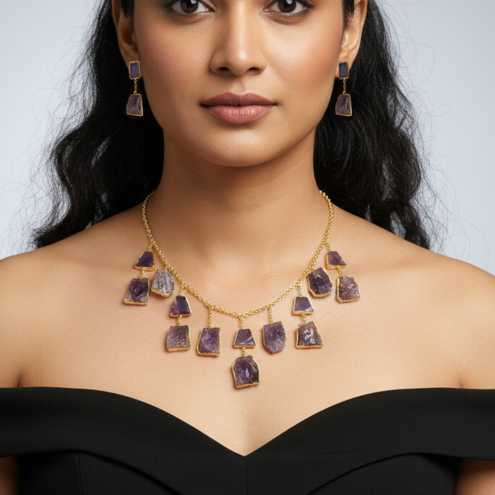 Image of Natural Amethyst Raw Gemstone 18k Gold Plated Necklace Set