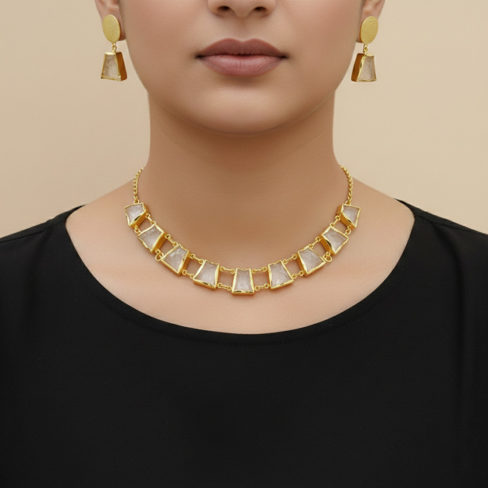 Image of Natural Citrine Rose Quartz Raw Gemstone 18k Gold Plated Choker Necklace Set