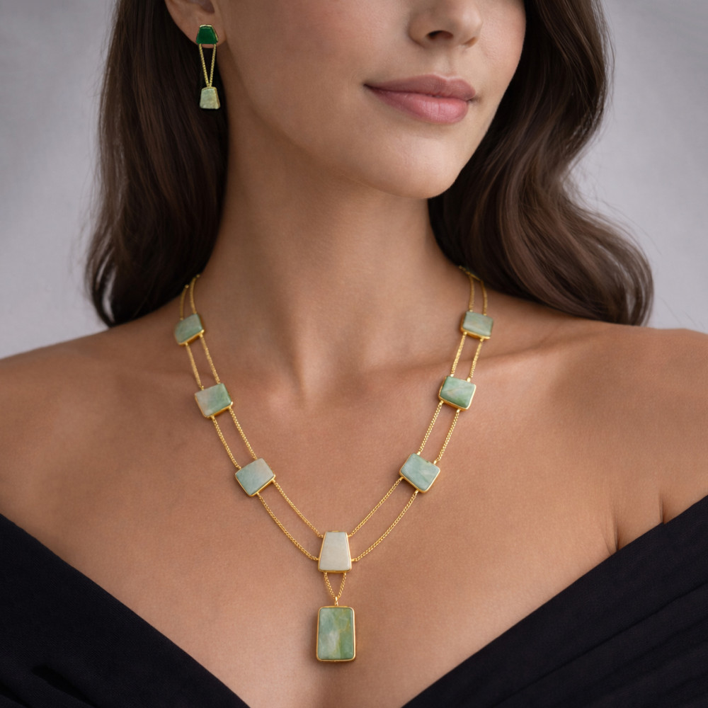 Image of Natural Amazonite Raw Gemstone 18k Gold Plated Necklace Set