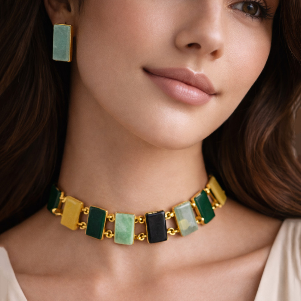 Image of Natural Multi Raw Gemstone 18k Gold Plated Necklace Set