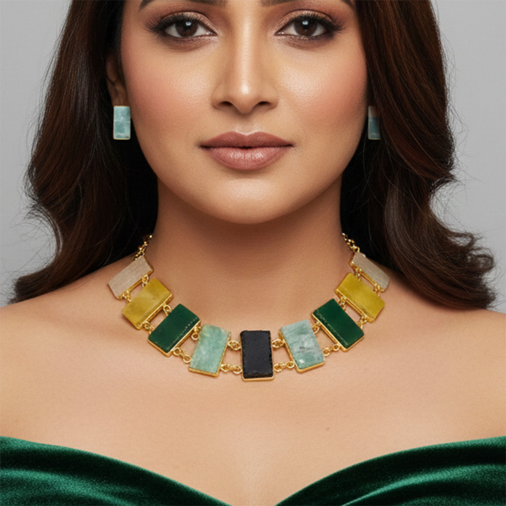 Natural Multi Raw Gemstone 18k Gold Plated Necklace Set