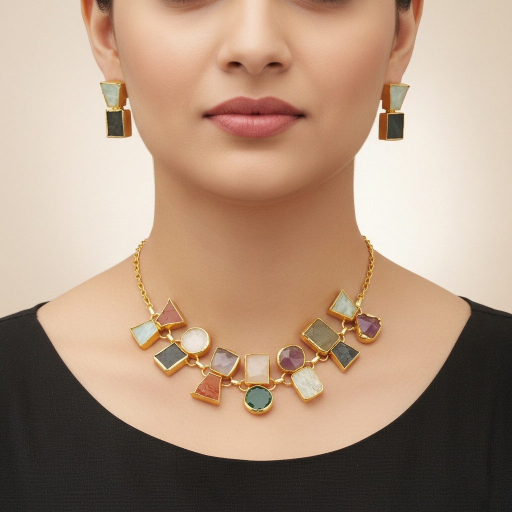 Natural Multi Raw Gemstone 18k Gold Plated Choker Necklace Set