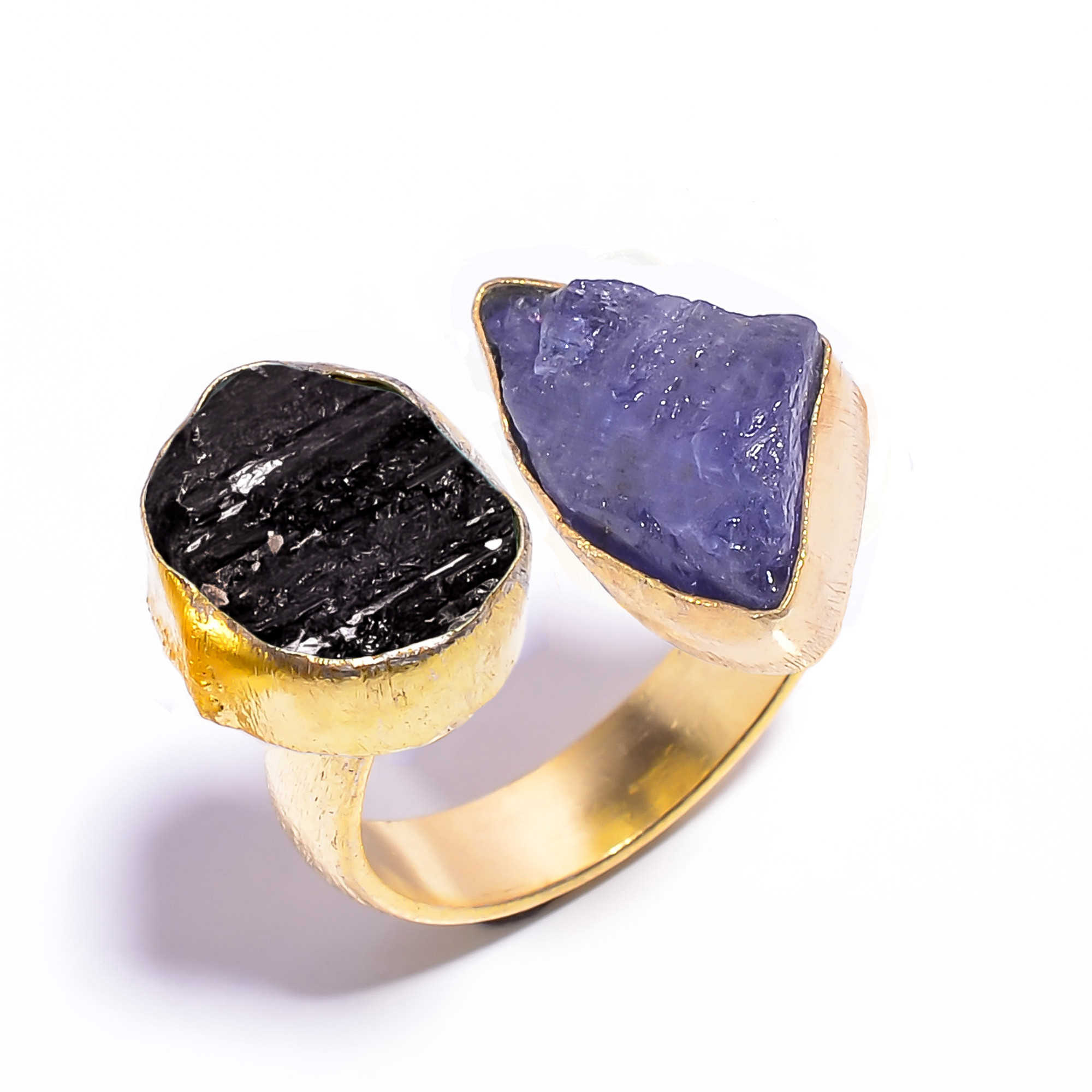 Natural Tanzanite Black Tourmaline Raw Gemstone 18k Gold Plated Ring Adjustable