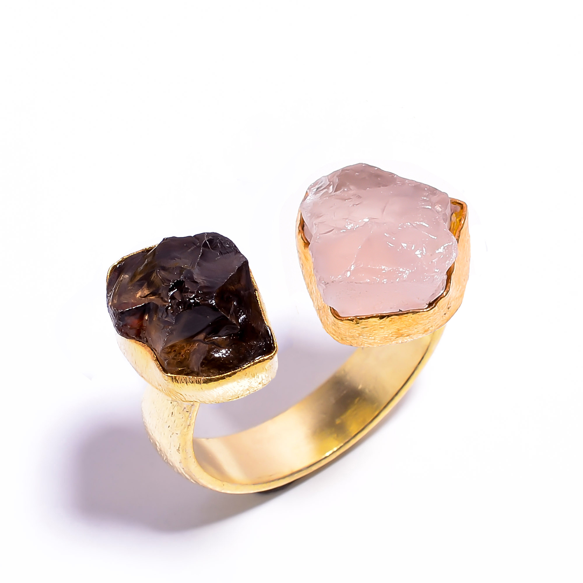 Natural Smoky Rose Quartz Raw Gemstone 18k Gold Plated Ring Adjustable