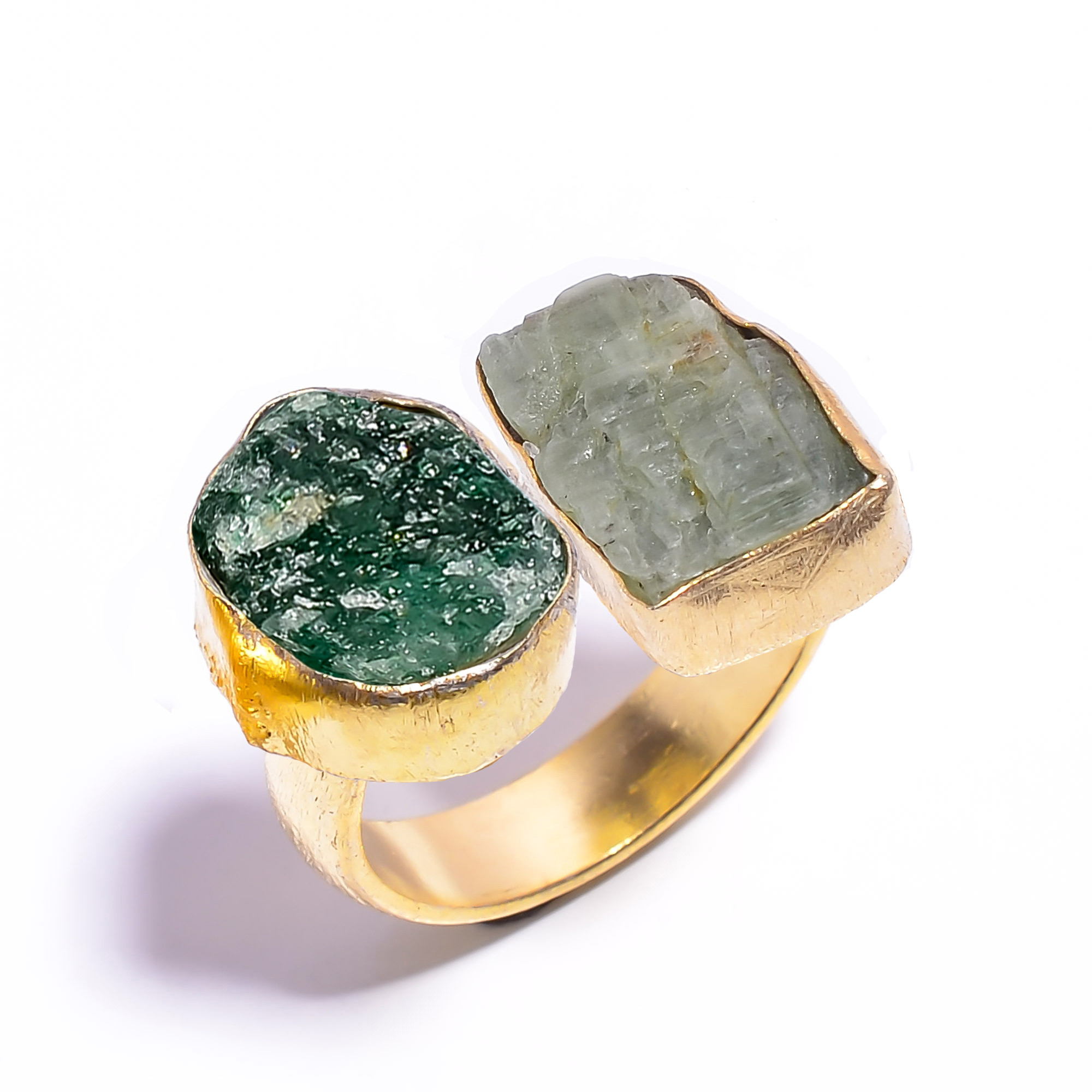 Natural Green Kyanite Green Aventurine Raw Gemstone 18k Gold Plated Brass Ring Adjustable