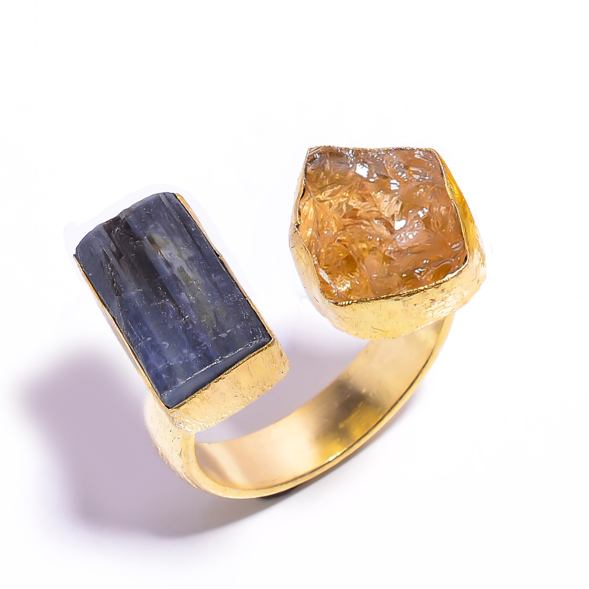 Natural Blue Kyanite Citrine Raw Gemstone 18k Gold Plated Ring Adjustable