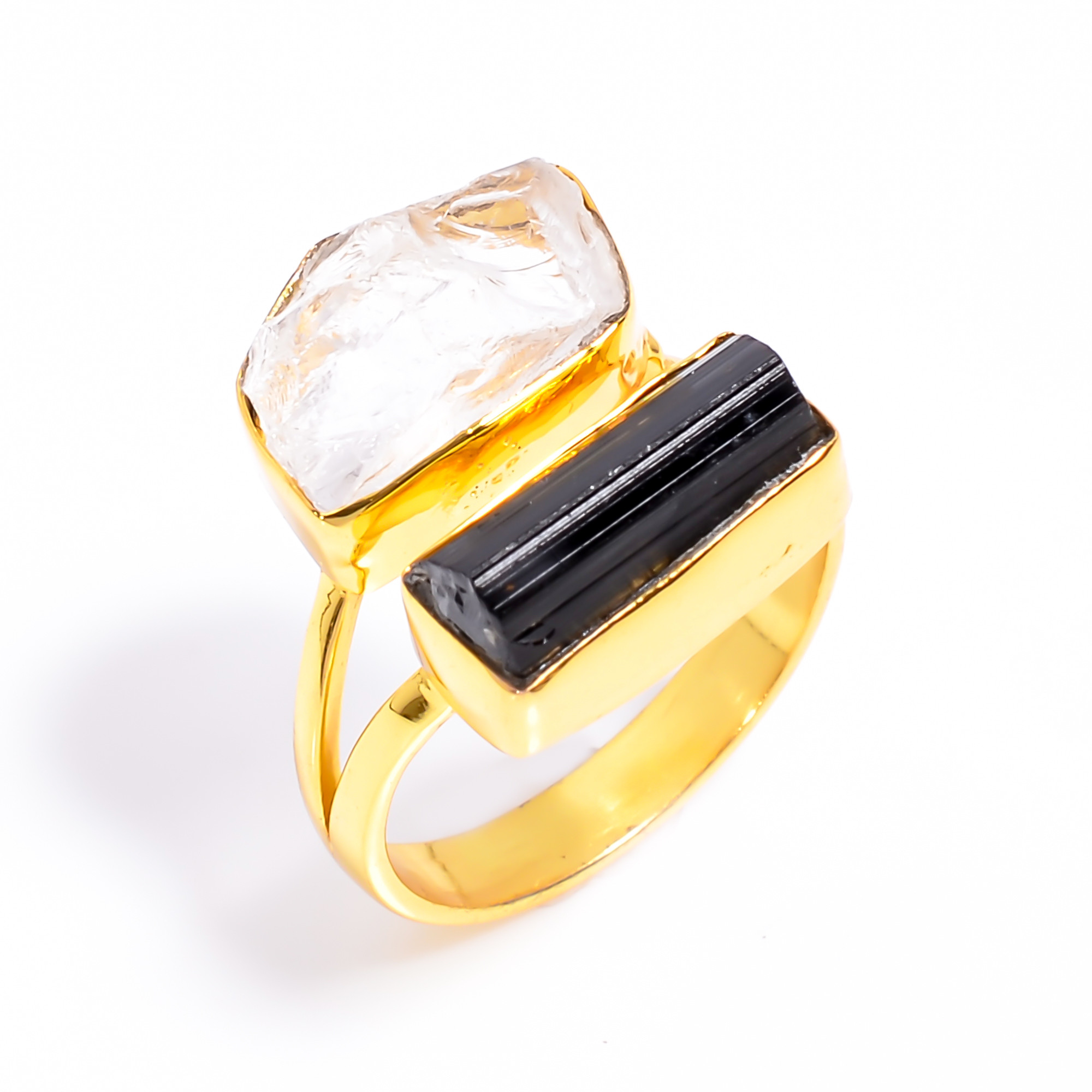18k Gold Plated Ring Natura Black Tourmaline Crystal Raw Gemstone Ring Adjustable