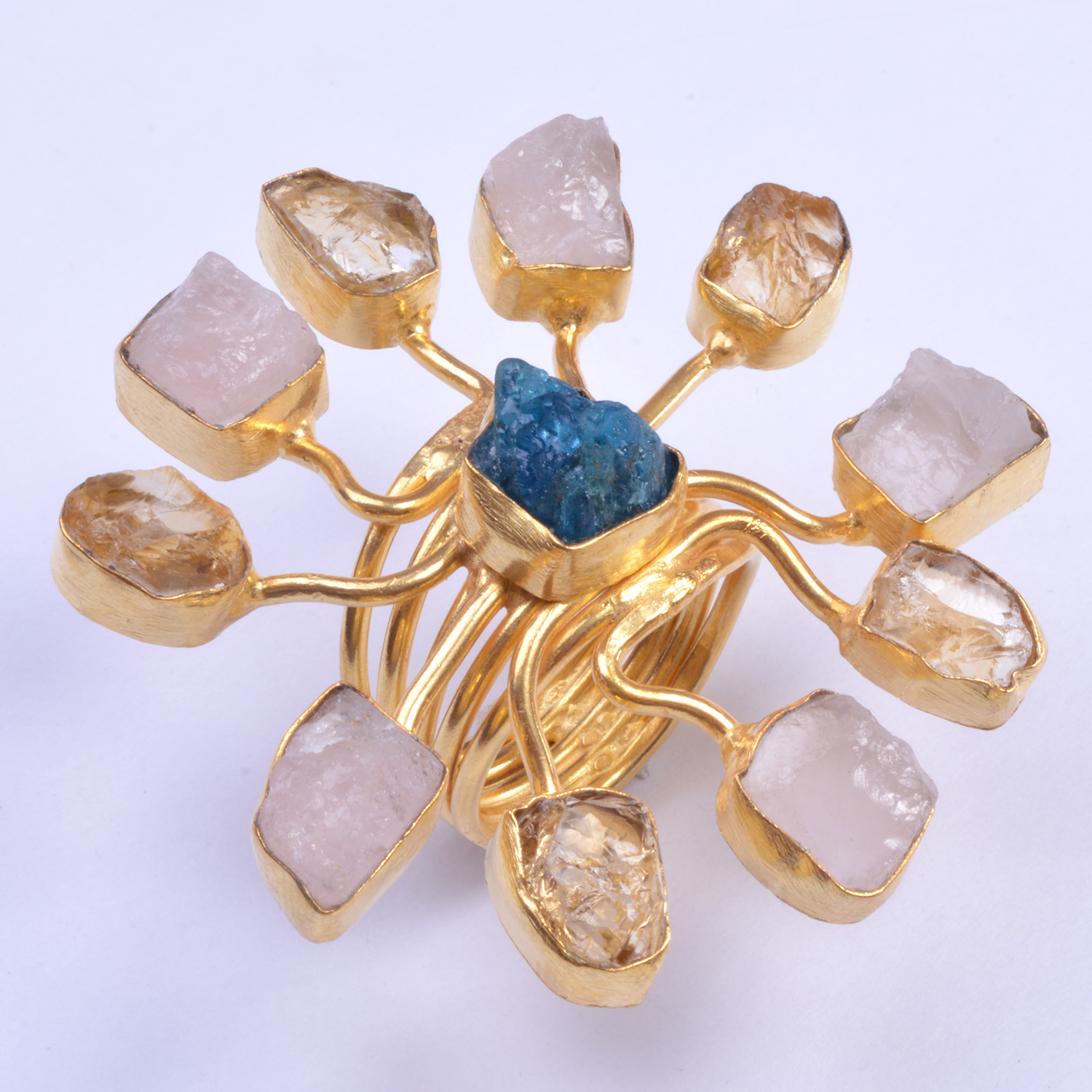 Natural Raw Neon Gemstone 18K Gold Plated Ring Handmade Fashion Ring Size US 4