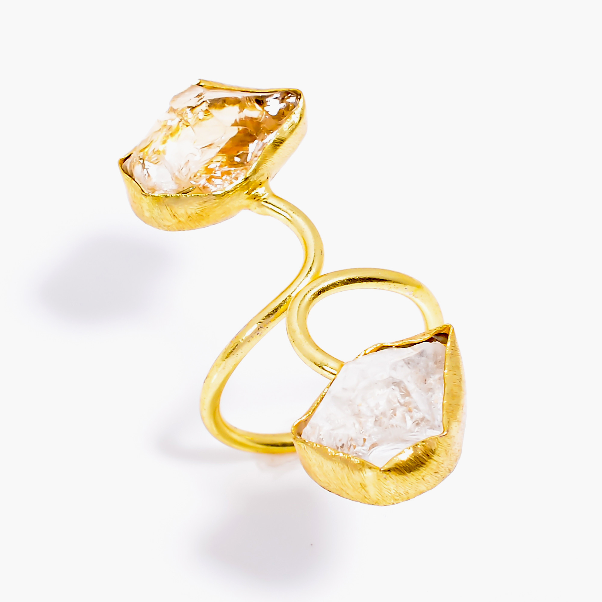 18k Gold Plated Two-Stone Ring Adjustable Natura Citrine Crystal Raw Gemstone Ring
