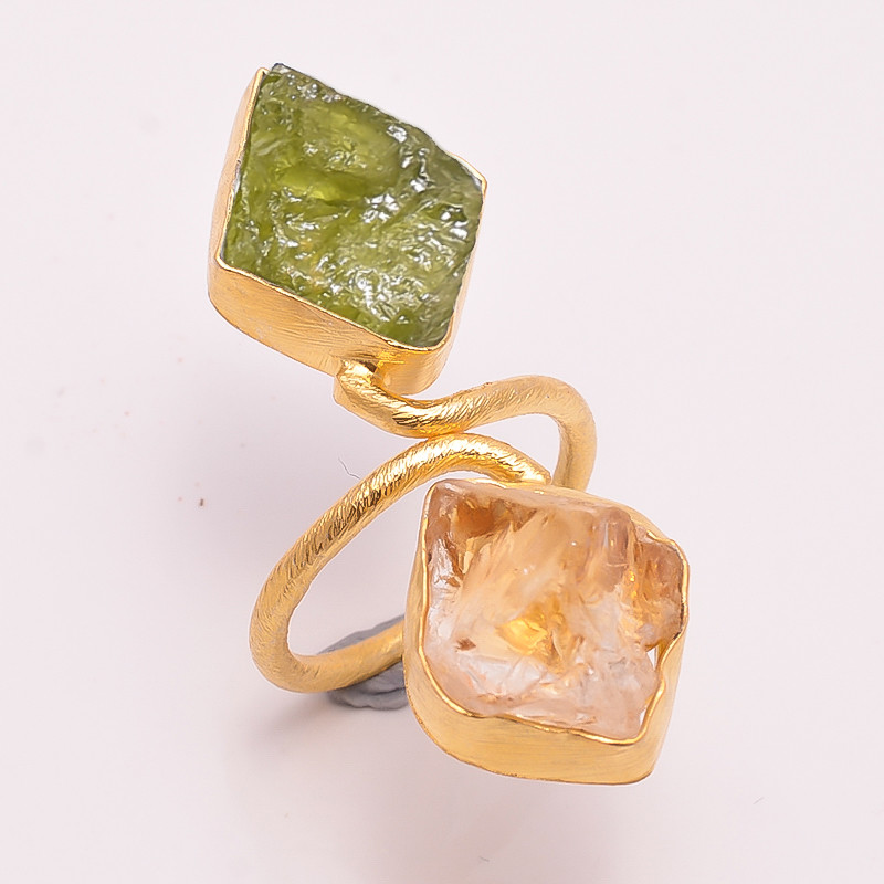 18k Gold Plated Two-Stone Ring Adjustable Natura Peridot Citrine Raw Gemstone Ring