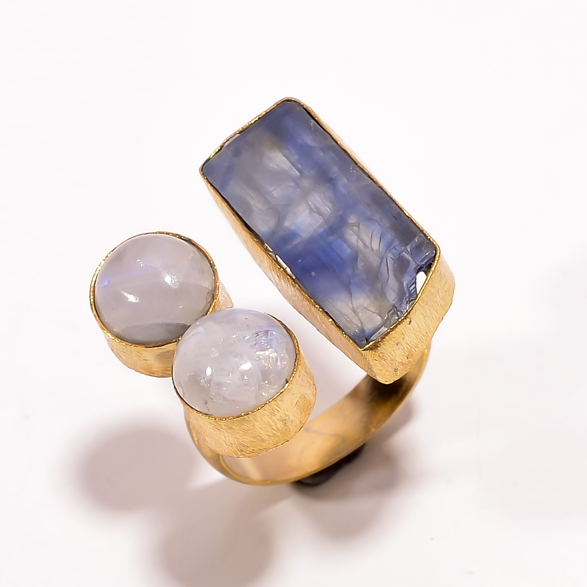 Natural Raw Blue Kyanite Gemstone 18K Gold Plated Brass Ring Size US 7 Adjustable Handmade Fashion Ring