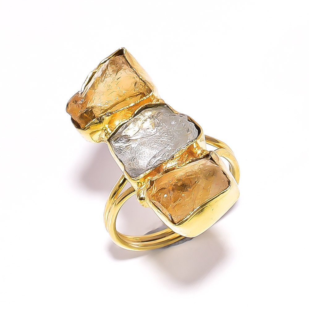 Natural Raw Citrine Gemstone 18K Gold Plated Ring Handmade Fashion Ring Adjustable