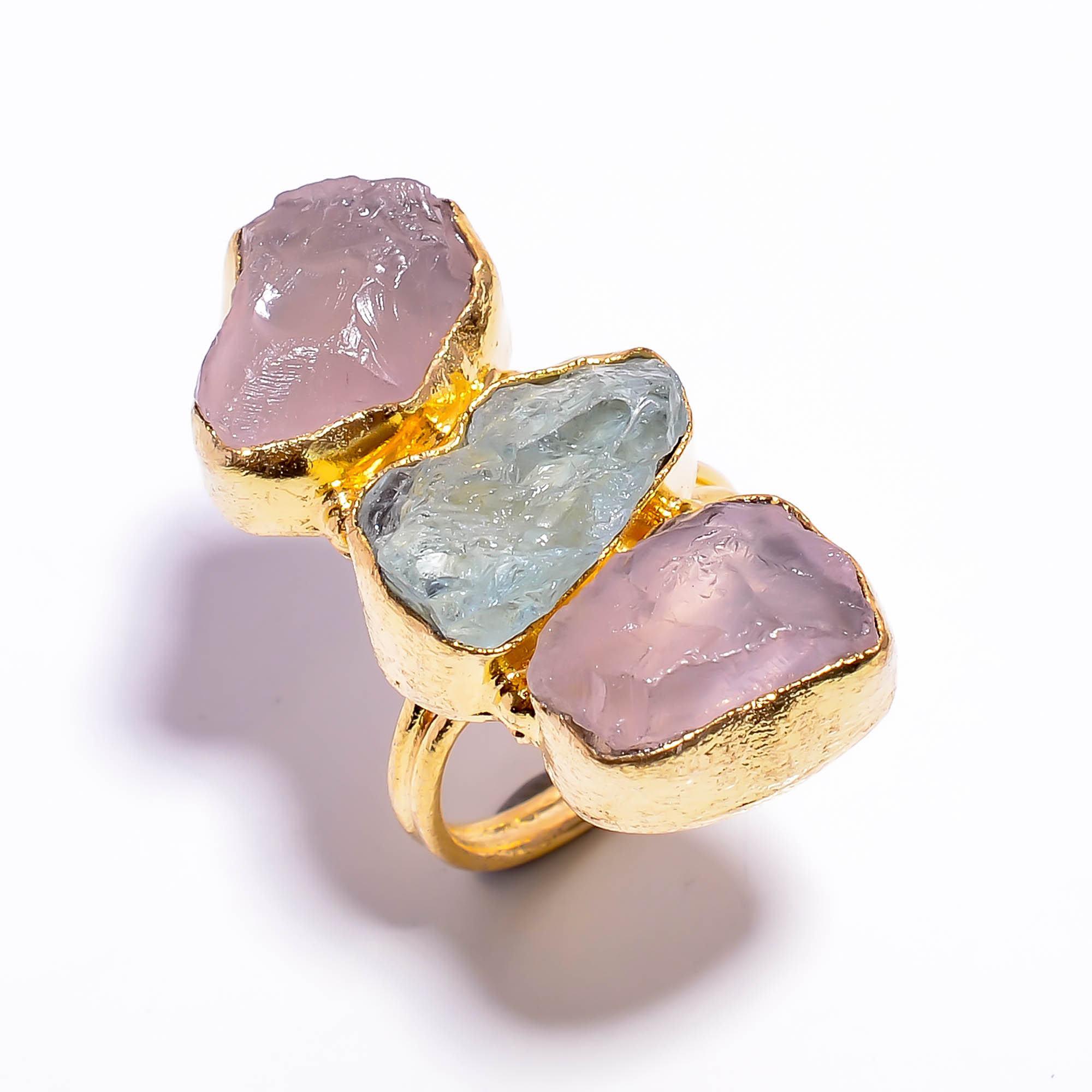 Natural Raw Rose Quartz Gemstone 18K Gold Plated Brass Ring Size US 7 Handmade Fashion Ring